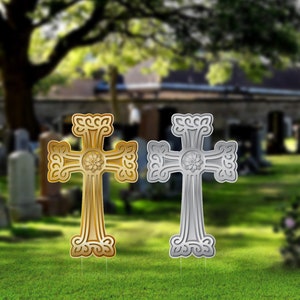 Armenian Cross Yards Sign, Gold or Silver Cross with Circle Flower  24&quot; inches,  Funeral Yard sign