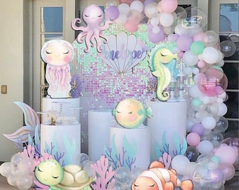 Little sea creatures water colors, Pastel Sea Creatures, girl underwater party, pink sea creature, 1st birthday party
