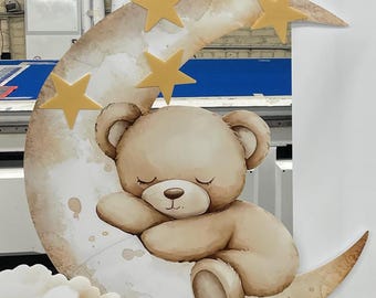 Teddy Bear Sleeping on Moon Cutout, Nursery Decor Plans