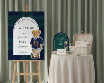 Blue Plaid Bear Baby Shower Sign Set – Personalized Welcome Decor