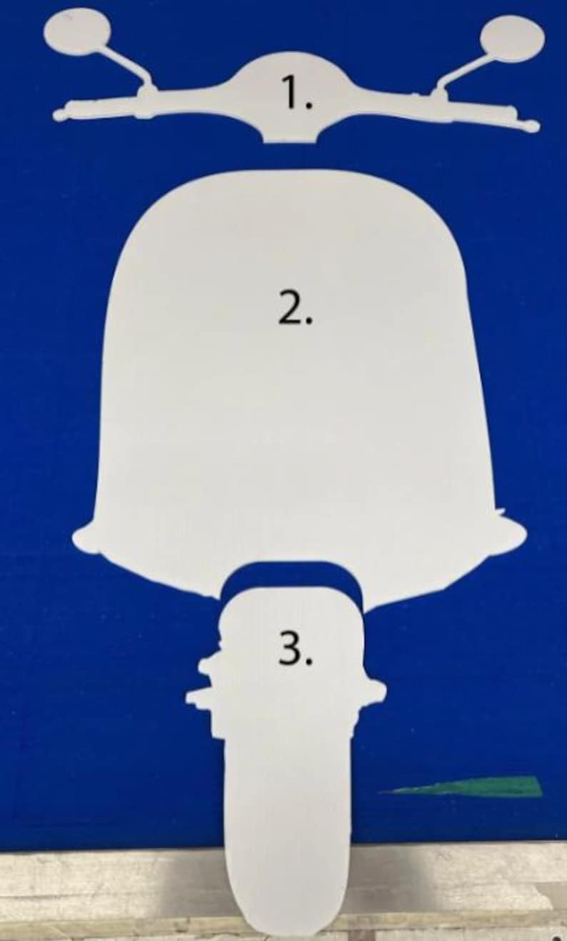 May include: White scooter outline against a blue background. The image shows the handlebars, body, and front wheel of the scooter. The scooter design is simple and modern, with rounded edges.