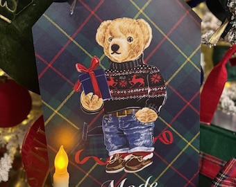 Ralph Lauren Inspired Christmas Tags, Tartan Preppy Plaid, Traditional Bear, Tree Decoration, Classic Bear