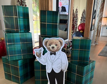 Bear holding Martini, Preppy Vintage Style | Large 36” Party Decor | Ralph Lauren–Inspired, Classic Holiday Teddy Bear Cutout, Bear in Tux