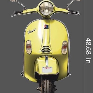 May include: A yellow vintage scooter with a California number plate. The scooter is 77.6 cm wide and 123.6 cm tall. It features a round headlight, side mirrors, and the word "Vespa" is visible on the side.