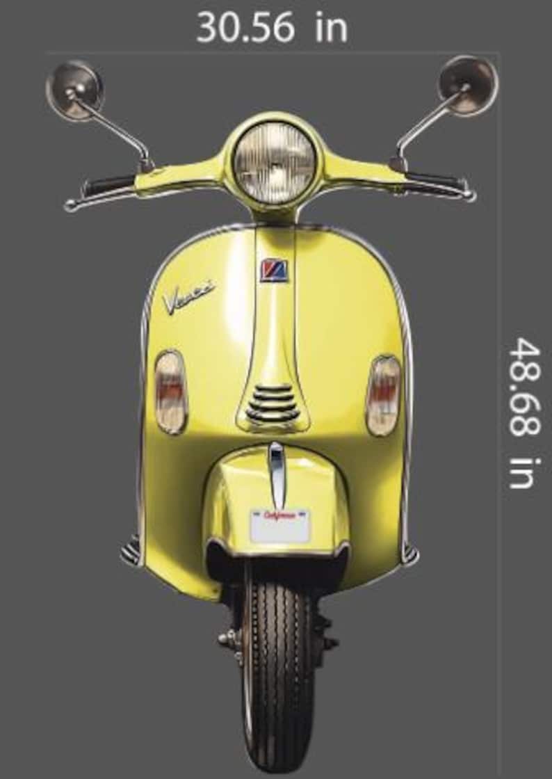 May include: A yellow vintage scooter with a California number plate. The scooter is 77.6 cm wide and 123.6 cm tall. It features a round headlight, side mirrors, and the word "Vespa" is visible on the side.