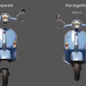 May include: A light blue Vespa scooter, shown assembled and disassembled. The assembled scooter is 123.67 cm tall and 77.62 cm wide. The scooter has a round headlight, side mirrors, and a front tyre.