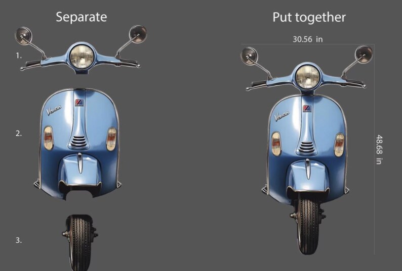 May include: A light blue Vespa scooter, shown assembled and disassembled. The assembled scooter is 123.67 cm tall and 77.62 cm wide. The scooter has a round headlight, side mirrors, and a front tyre.