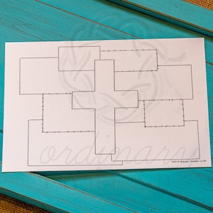 May include: A printable template for a cross-stitch project. The template is on a white sheet of paper with a black outline of a cross. The cross is divided into four sections, each with a smaller rectangle inside. The text "ordinary" is written at the bottom of the page.