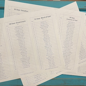 May include: Several white paper sheets with printed text, including titles like "30 Days: Salvation" and "31 Days: Prayer." The sheets are arranged on a blue wooden surface. The text includes Bible verses.