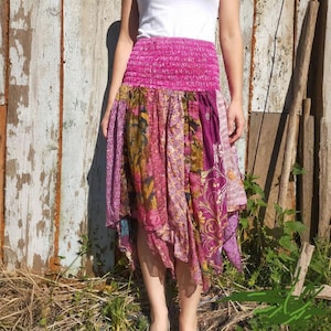 Handkerchief Style Scrap Skirt. Long. Made from Preloved sari pieces. Pink Colors. Fits from size 10 to plus sizes