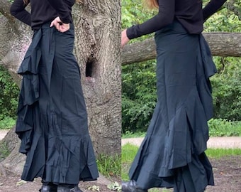 Spanish skirt. A fluttering long wrap around skirt. plain black flax. Available in large size too