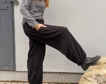 Cosy Fleece Trousers . Black . Warm Harems . Soft Fleece . Big Pockets. Now also available in a larger size 16-18