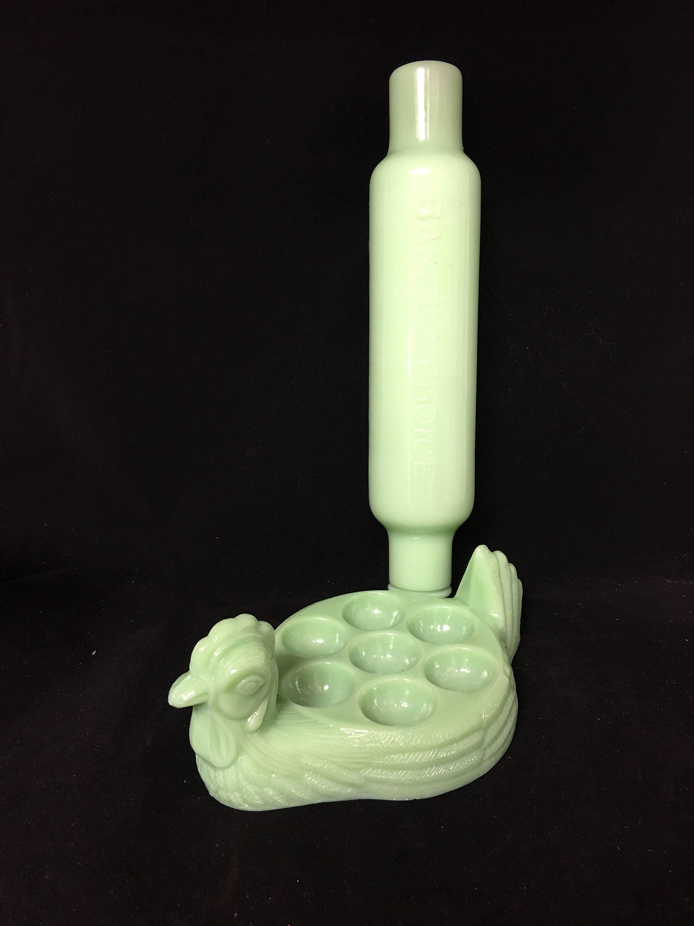 Vintage Jadeite Egg Holder and Bakers Choice Rolling Pin