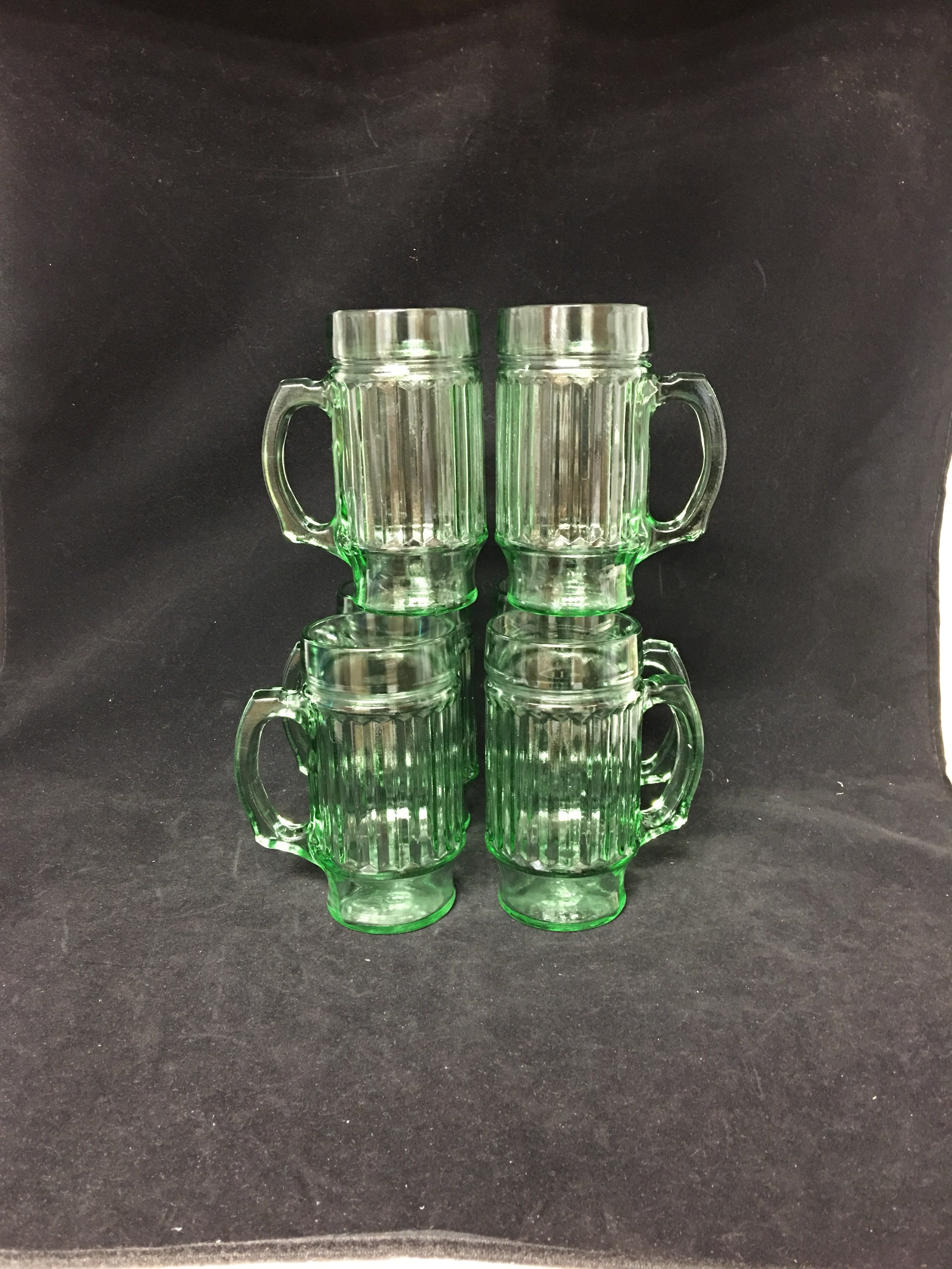Vintage Green Ribbed Handled Drinking Tumblers (6) Perfect for Indoor and Outdoor Dining