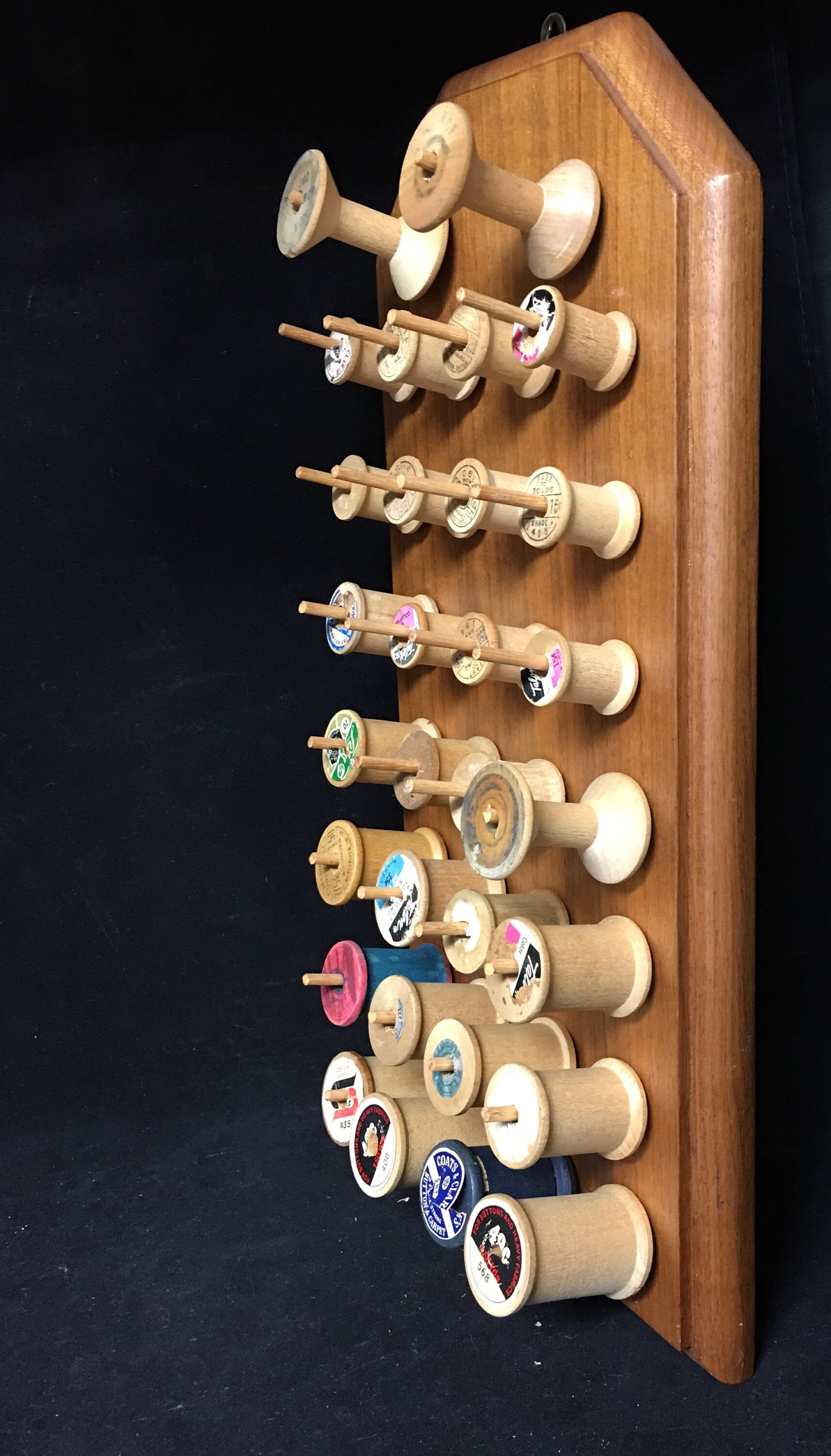 Vintage Wall Mount 30Thread Spool Holder with 30 Wooden Spools