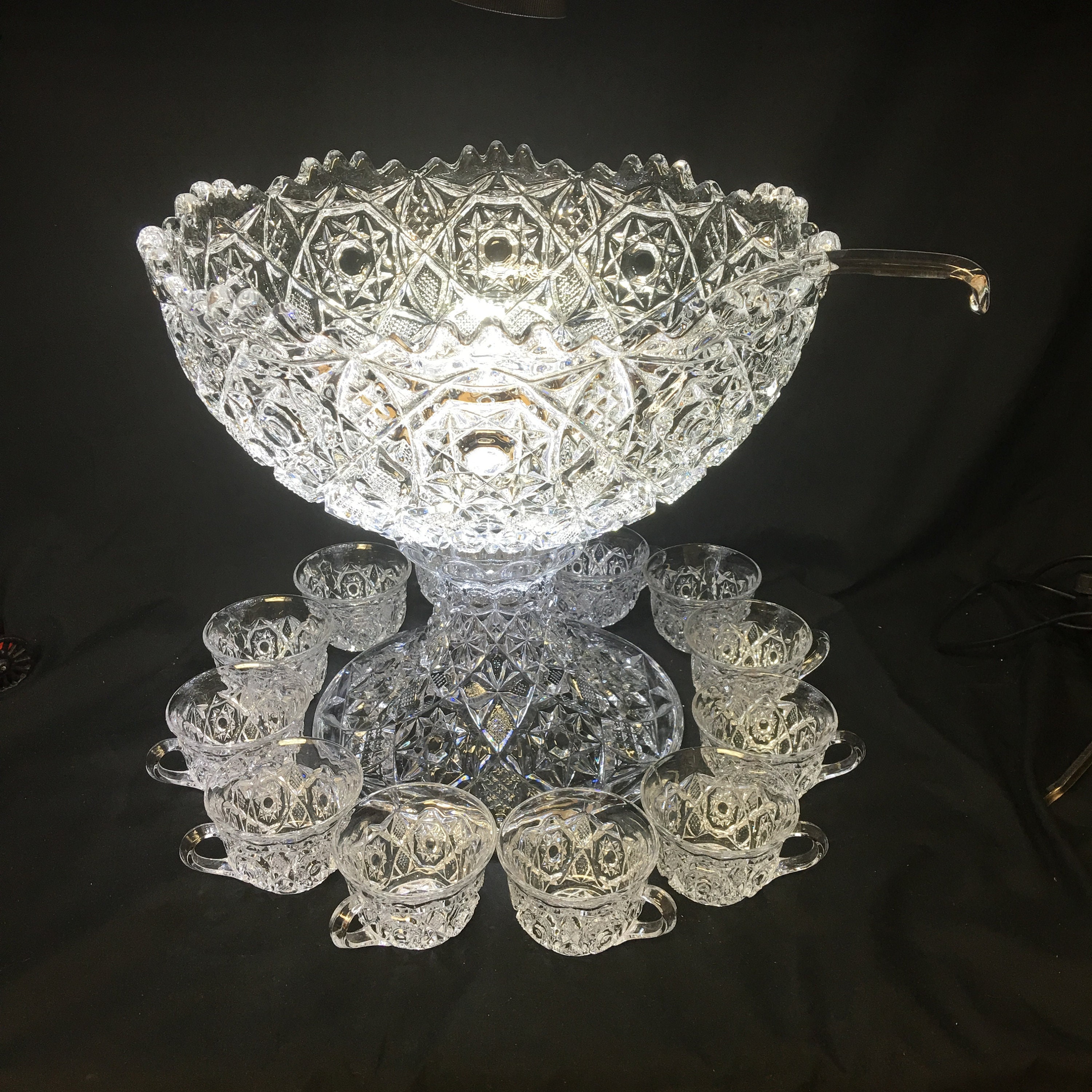 Vintage Fostoria Pedestal Punch Bowl with 12 Cups and Original Ladle