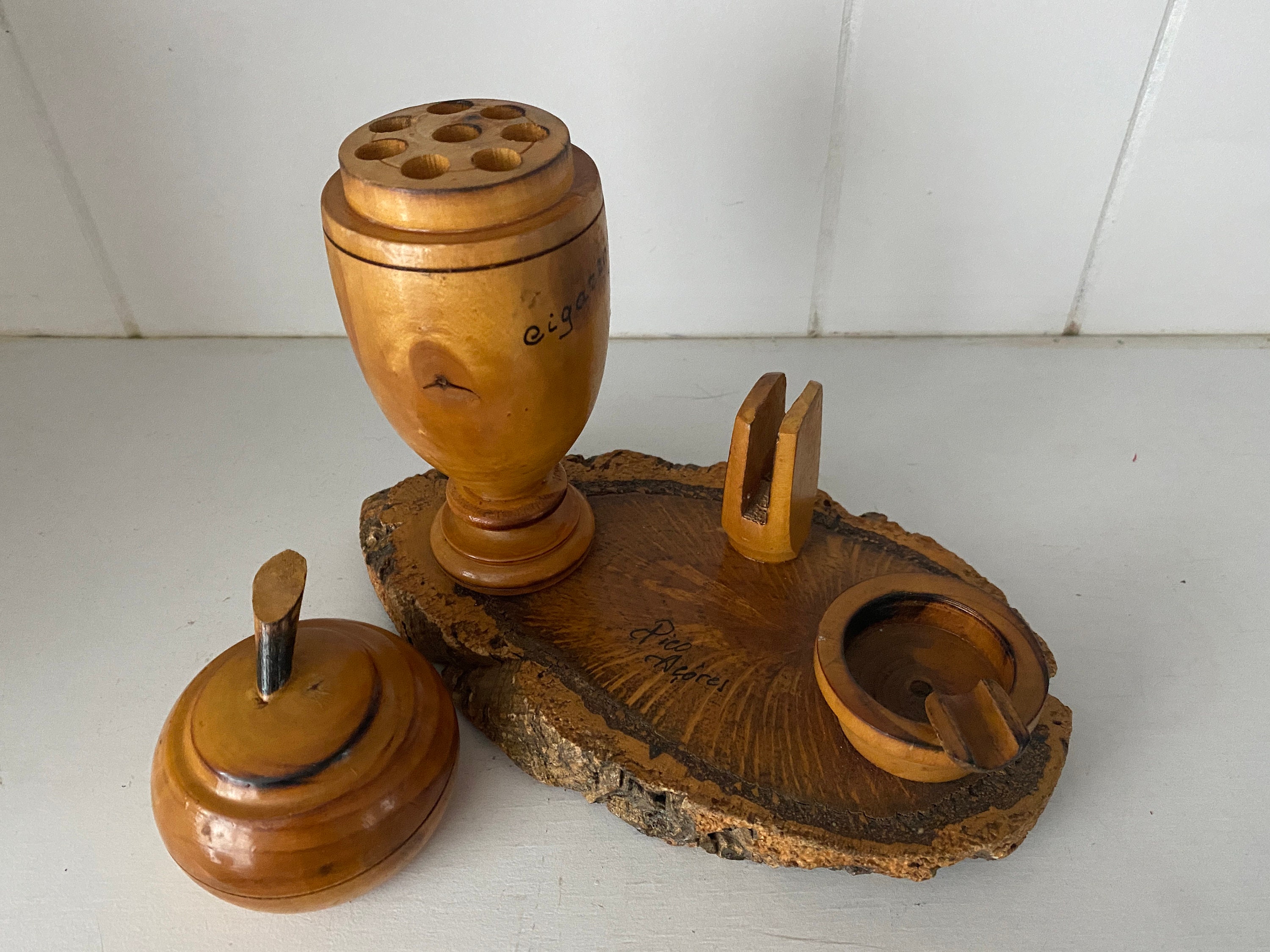 Cigarette Holder With Ashtray and Matchbook Holder Vintage Hand Carved