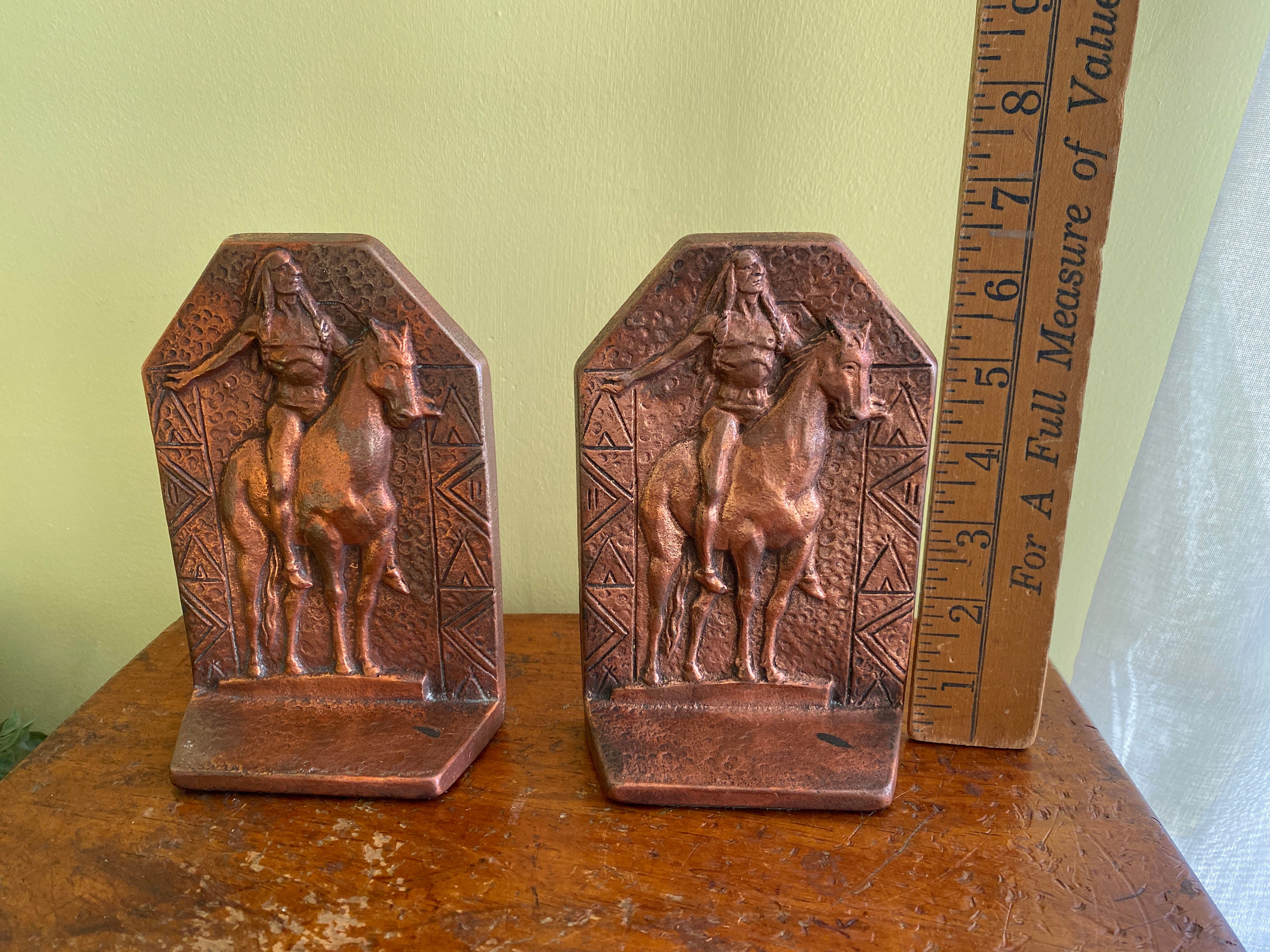 Bronzed Bookends Depicting Native American on Horseback