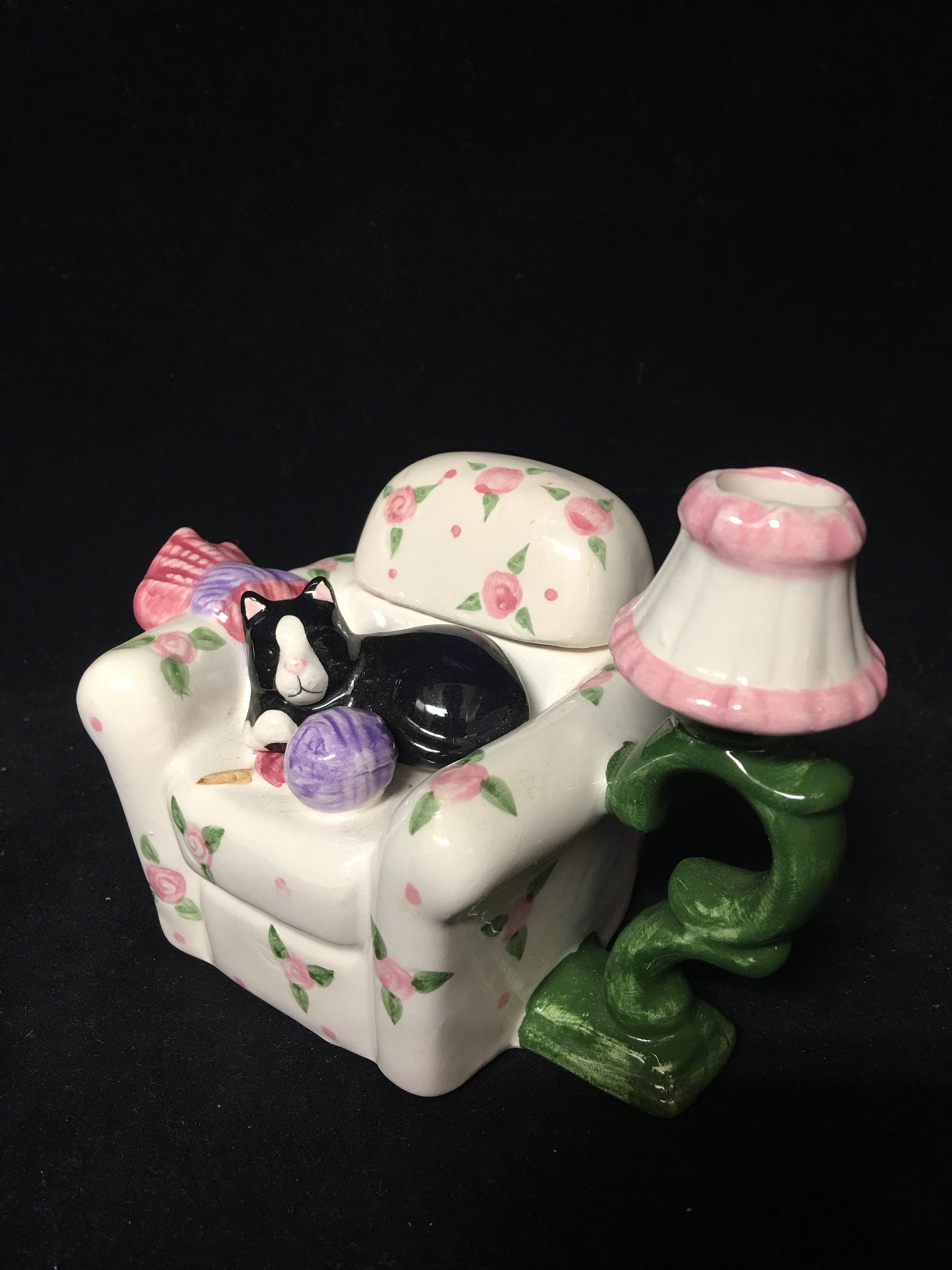 Vintage Hand Painted Miniature Ceramic Teapot Cat on a Chair by World
