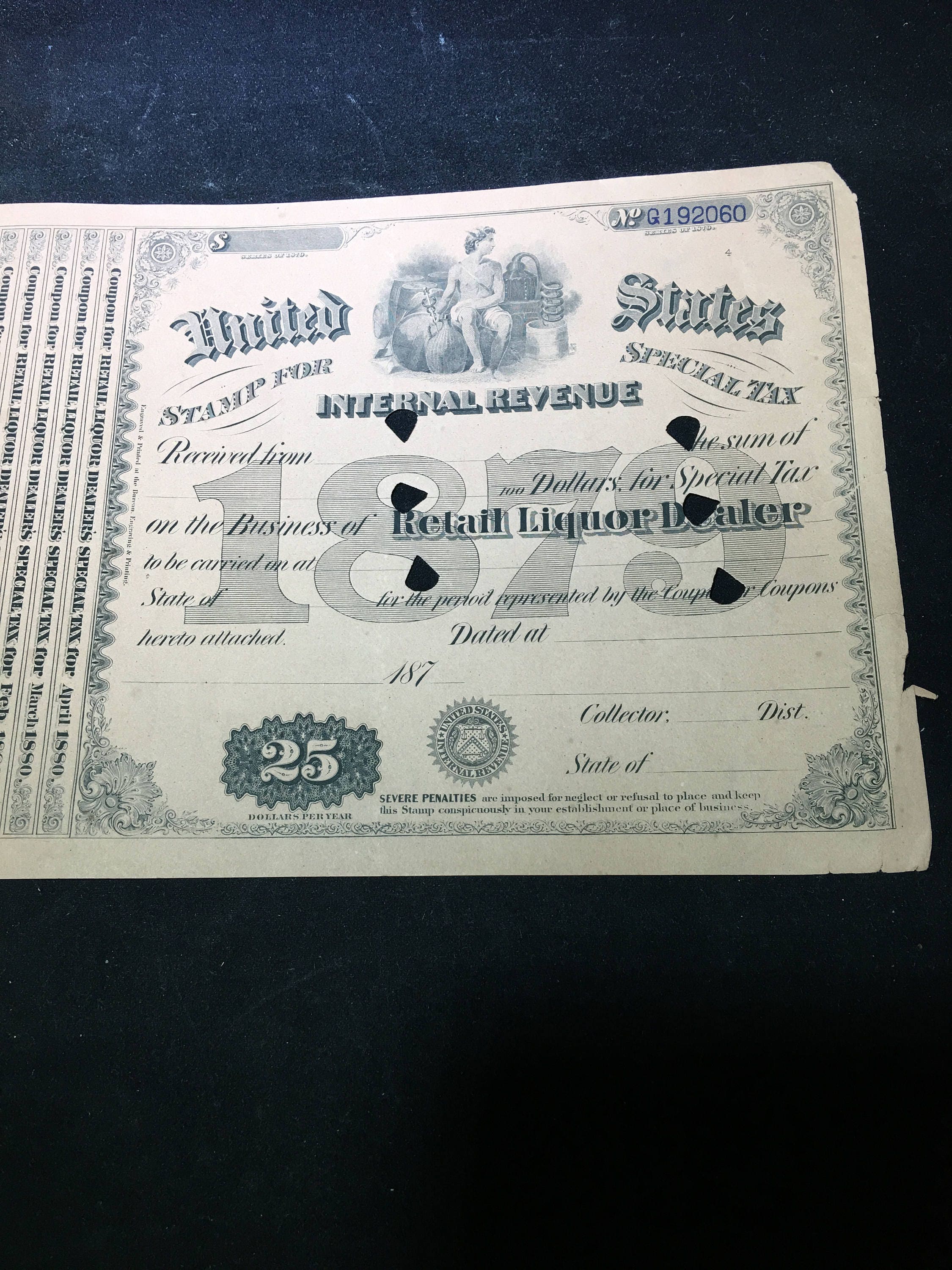 1879 Internal Revenue Special Tax Stamp Retail Liquor Dealer Documents (2)