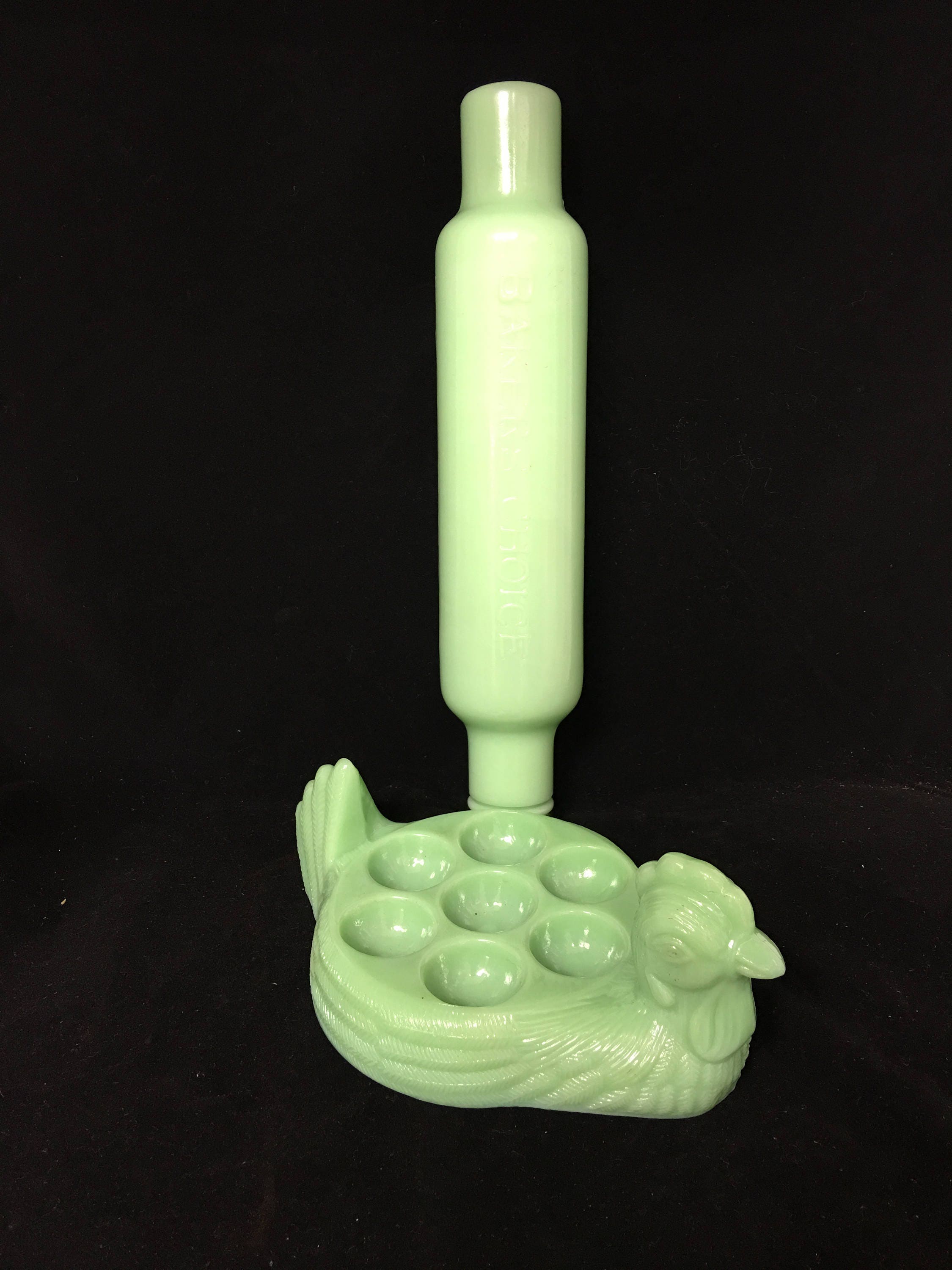 Vintage Jadeite Egg Holder and Bakers Choice Rolling Pin