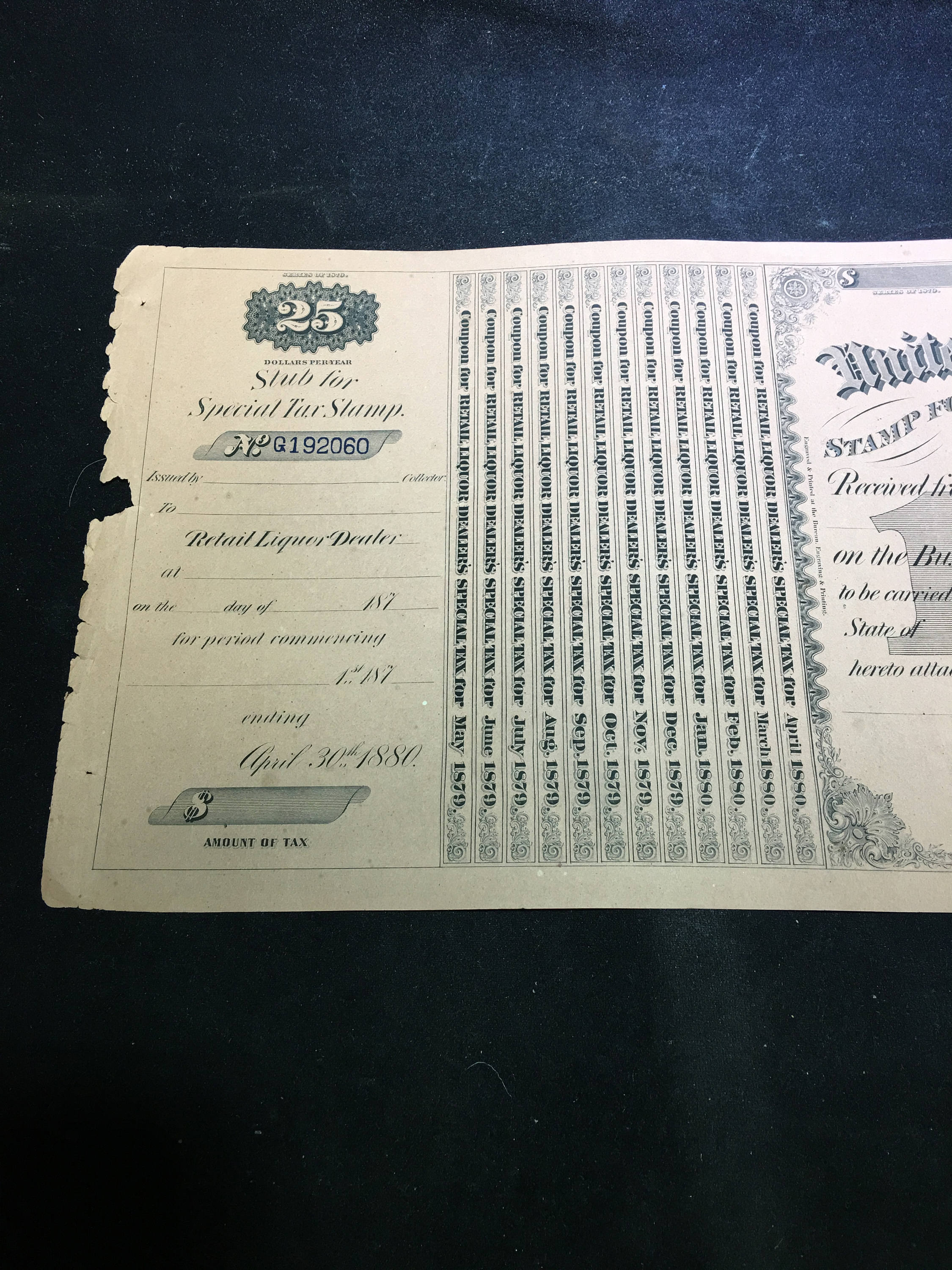 1879 Internal Revenue Special Tax Stamp Retail Liquor Dealer Documents (2)