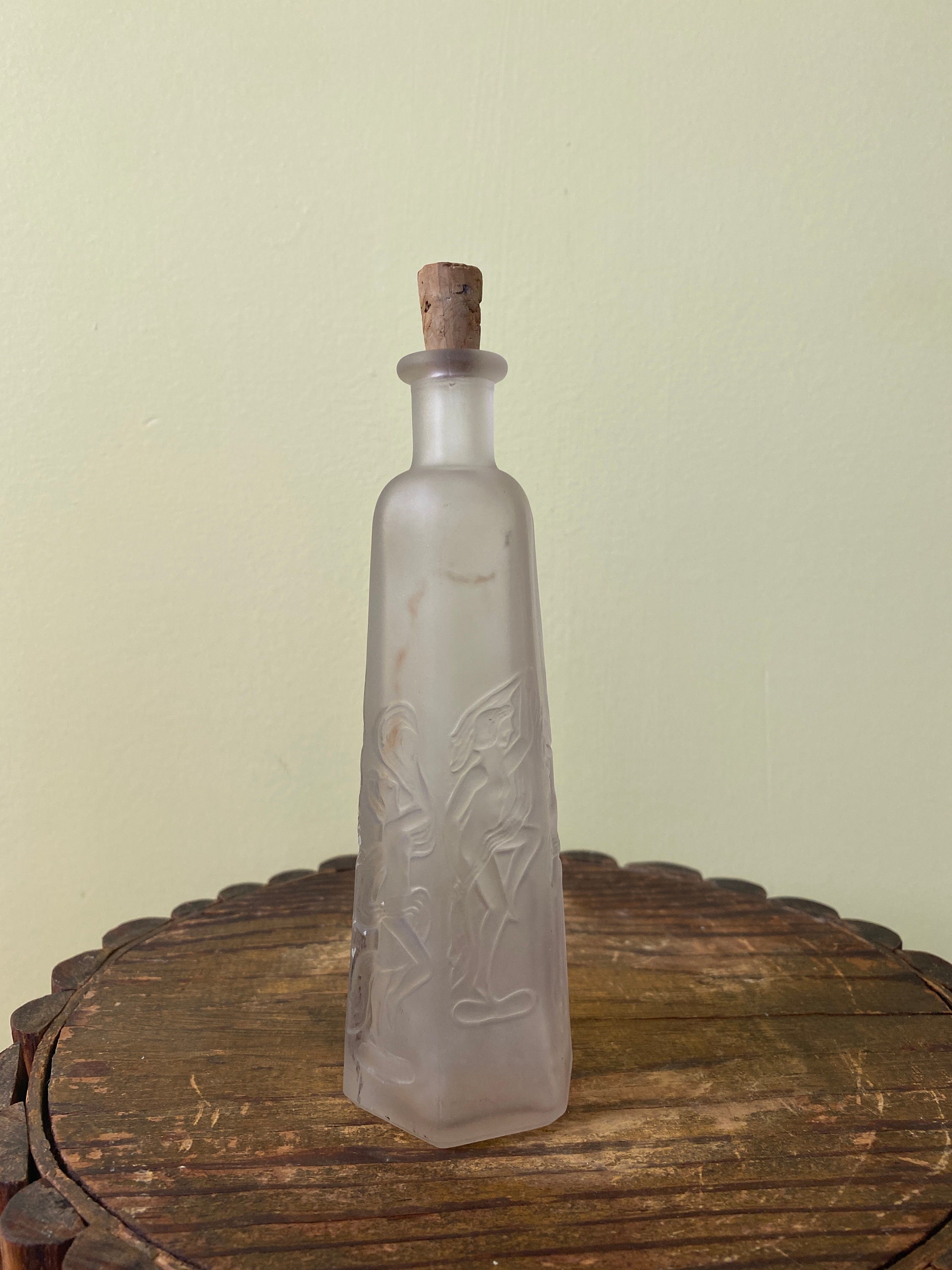 Antique Frosted Glass Perfume Bottle Embossed Artwork and Cork