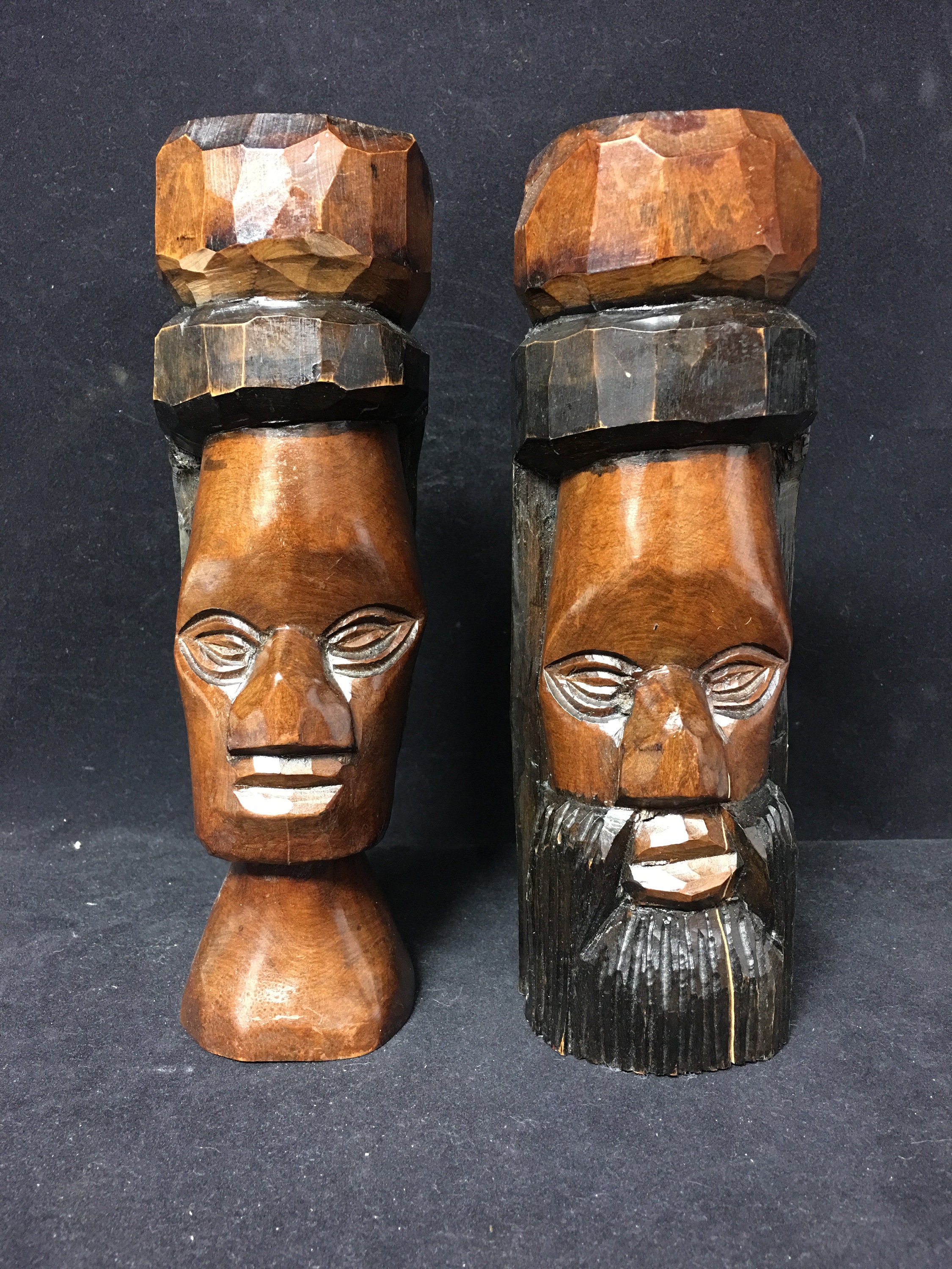 Vintage Signed Jamaican Wood Totem Pole Carvings Pair