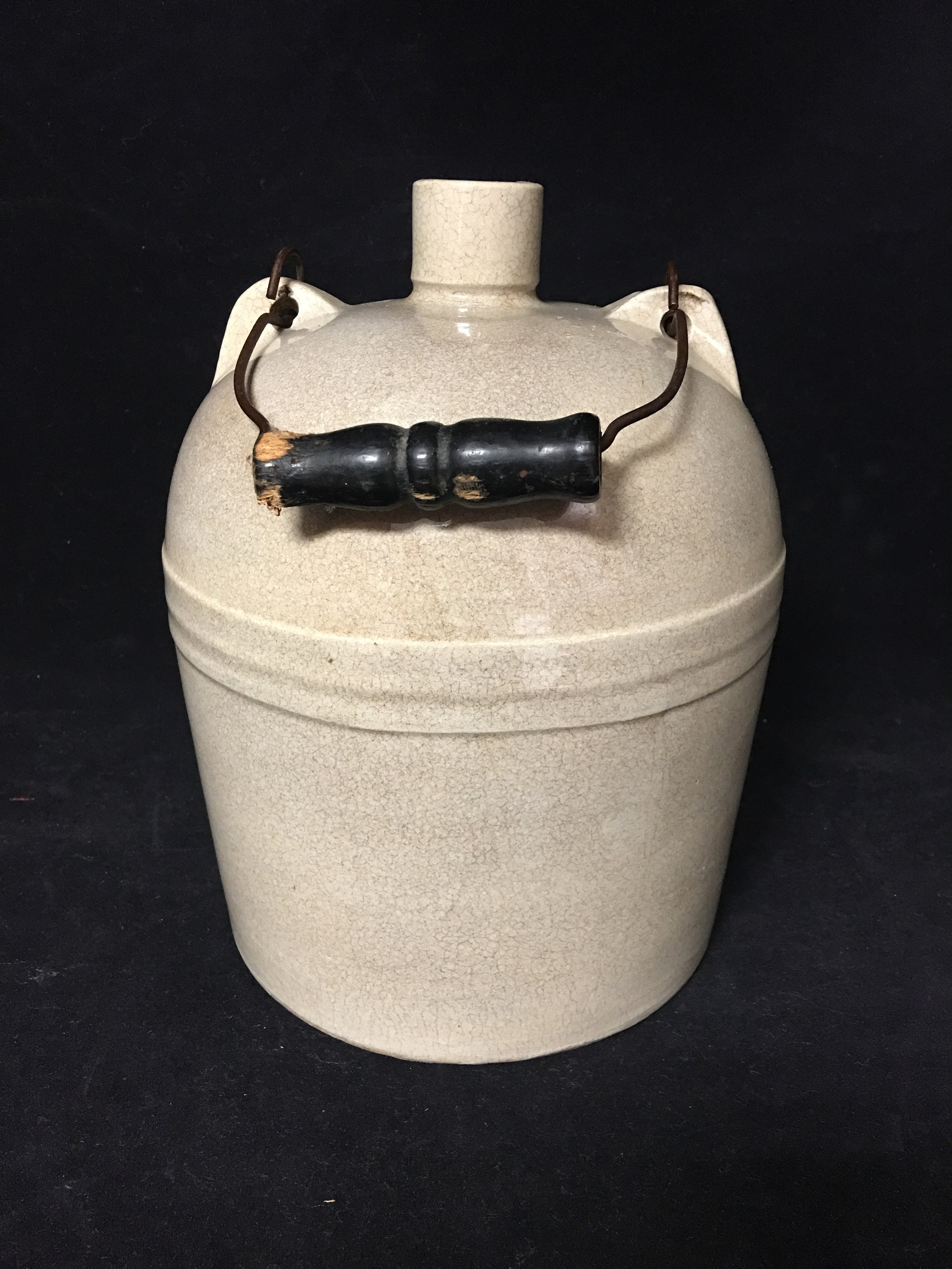 Antique Glazed Stoneware Jug with Wire and Wood Handle