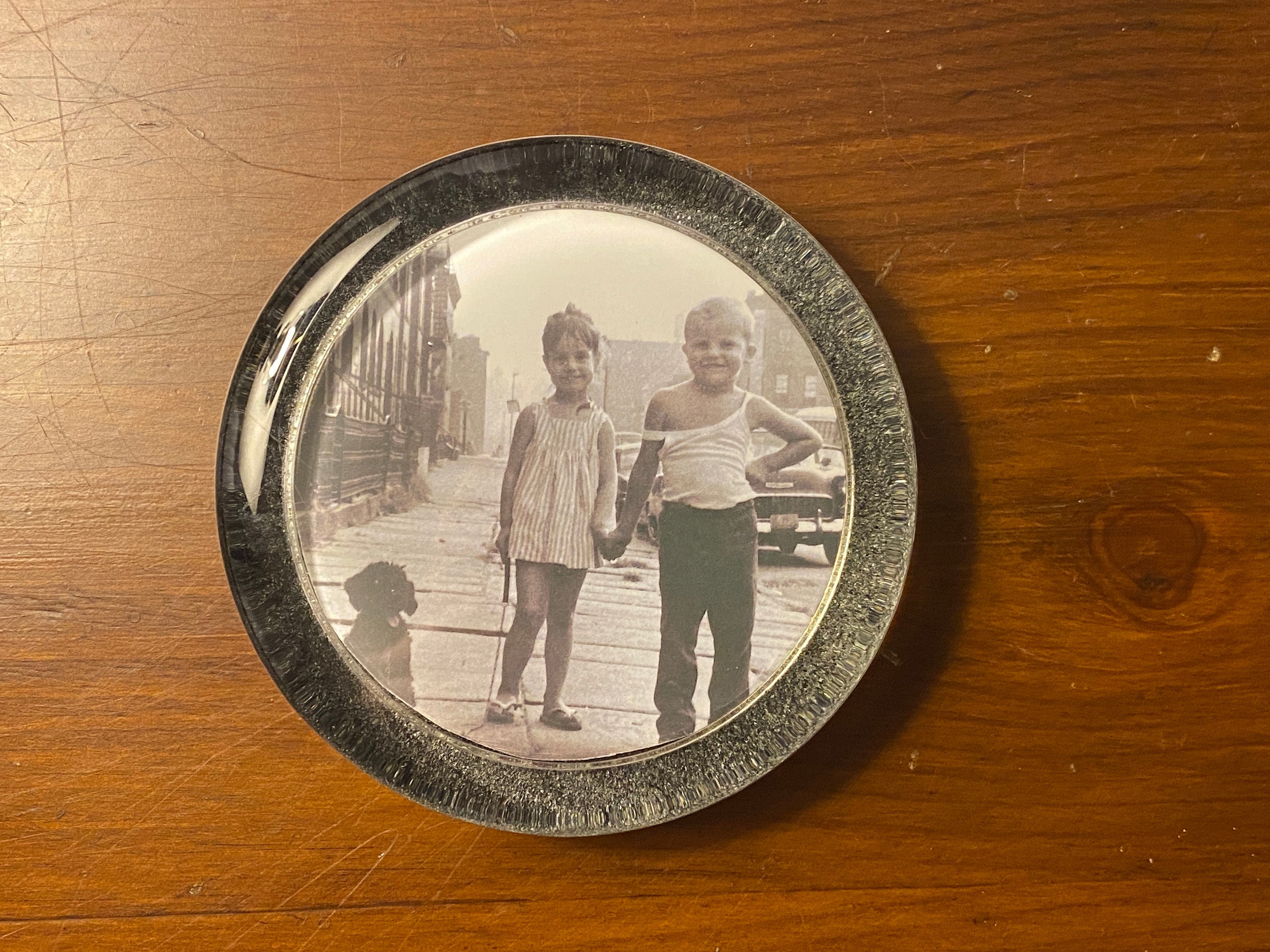 Vintage Glass Photo Paperweight Boy and Girl With Dog