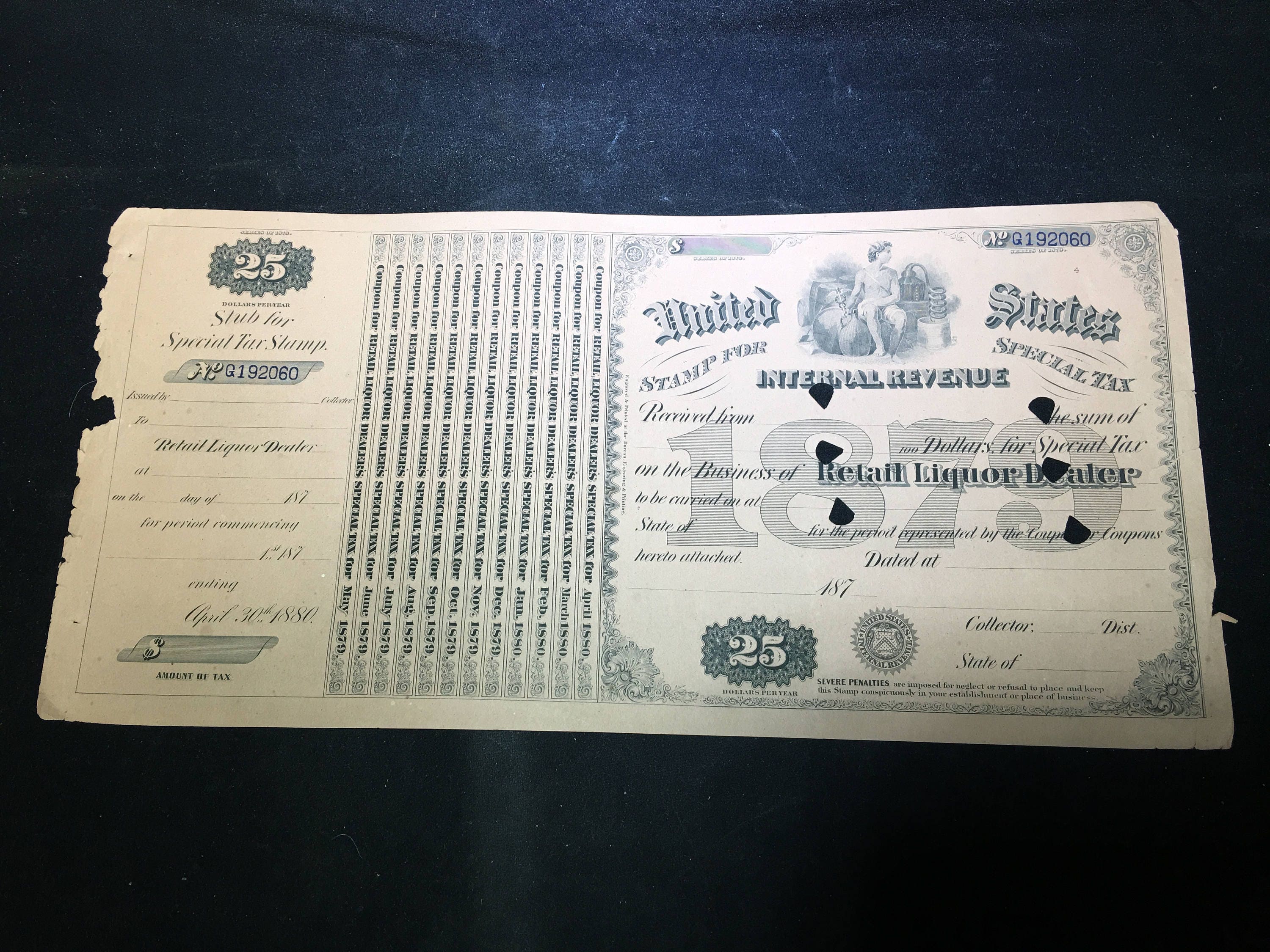 1879 Internal Revenue Special Tax Stamp Retail Liquor Dealer Documents (2)