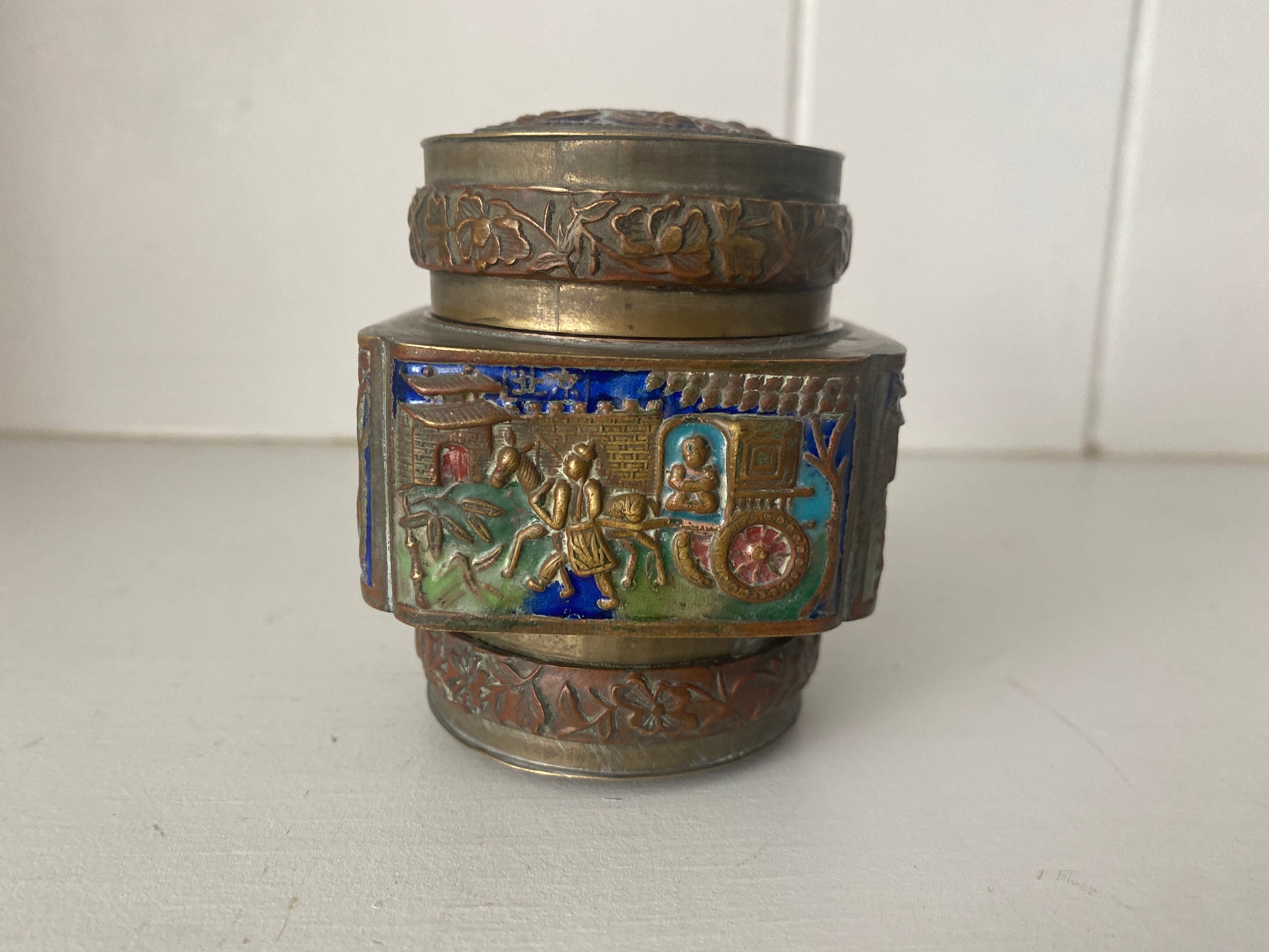 Antique Chinese Canister From the Late 1800s Early 1900s Enameled Brass Rare Decorative