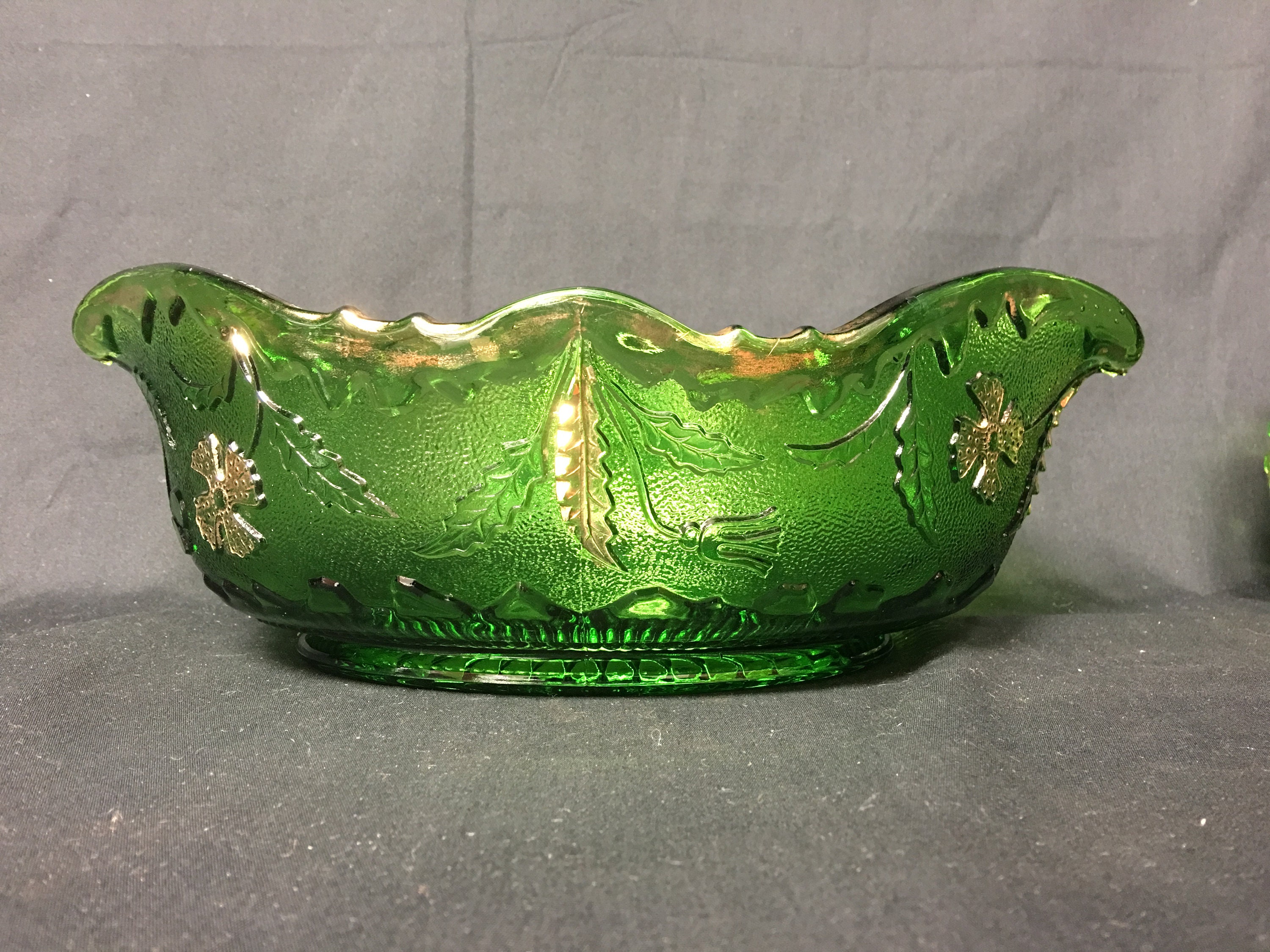 Antique Delaware EAPG Boat Shaped Bowl, Emerald Green and Gold Gilded