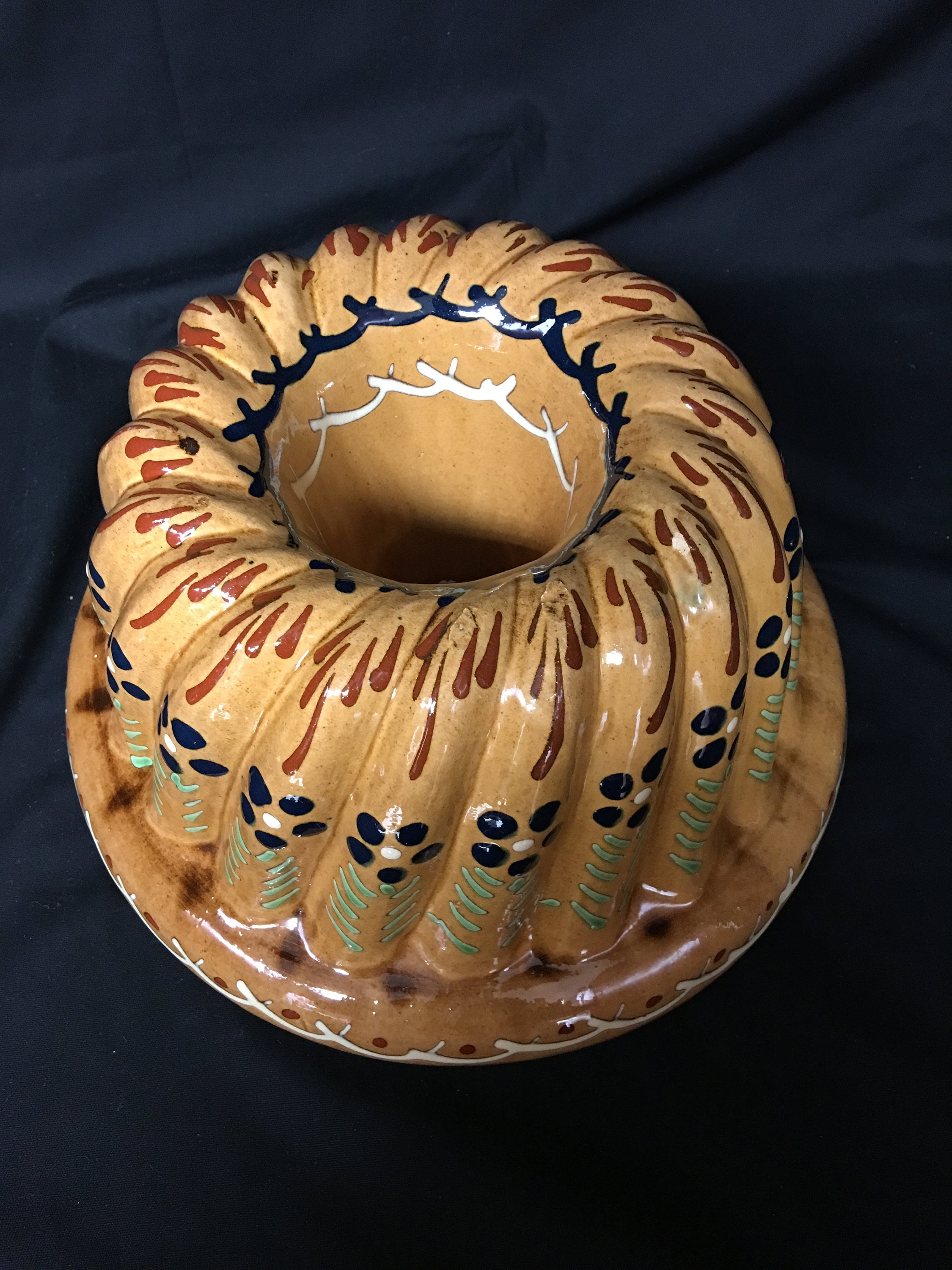 Vintage LARGE Ceramic Bundt Pan for Kugelhopf, Hand Painted