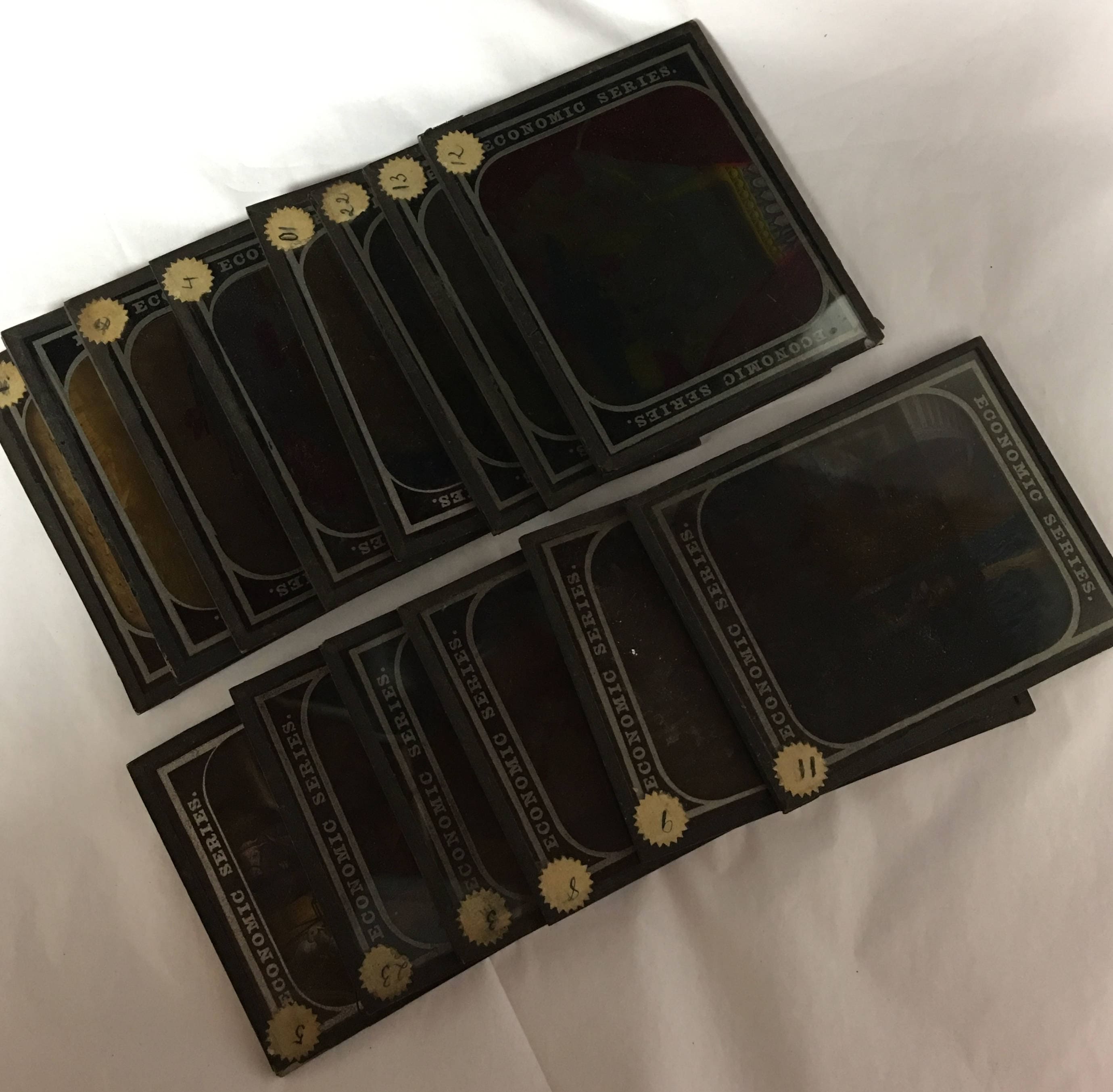 Antique 1800s Magic Lantern Glass Slides, Set of 14 Economic Series