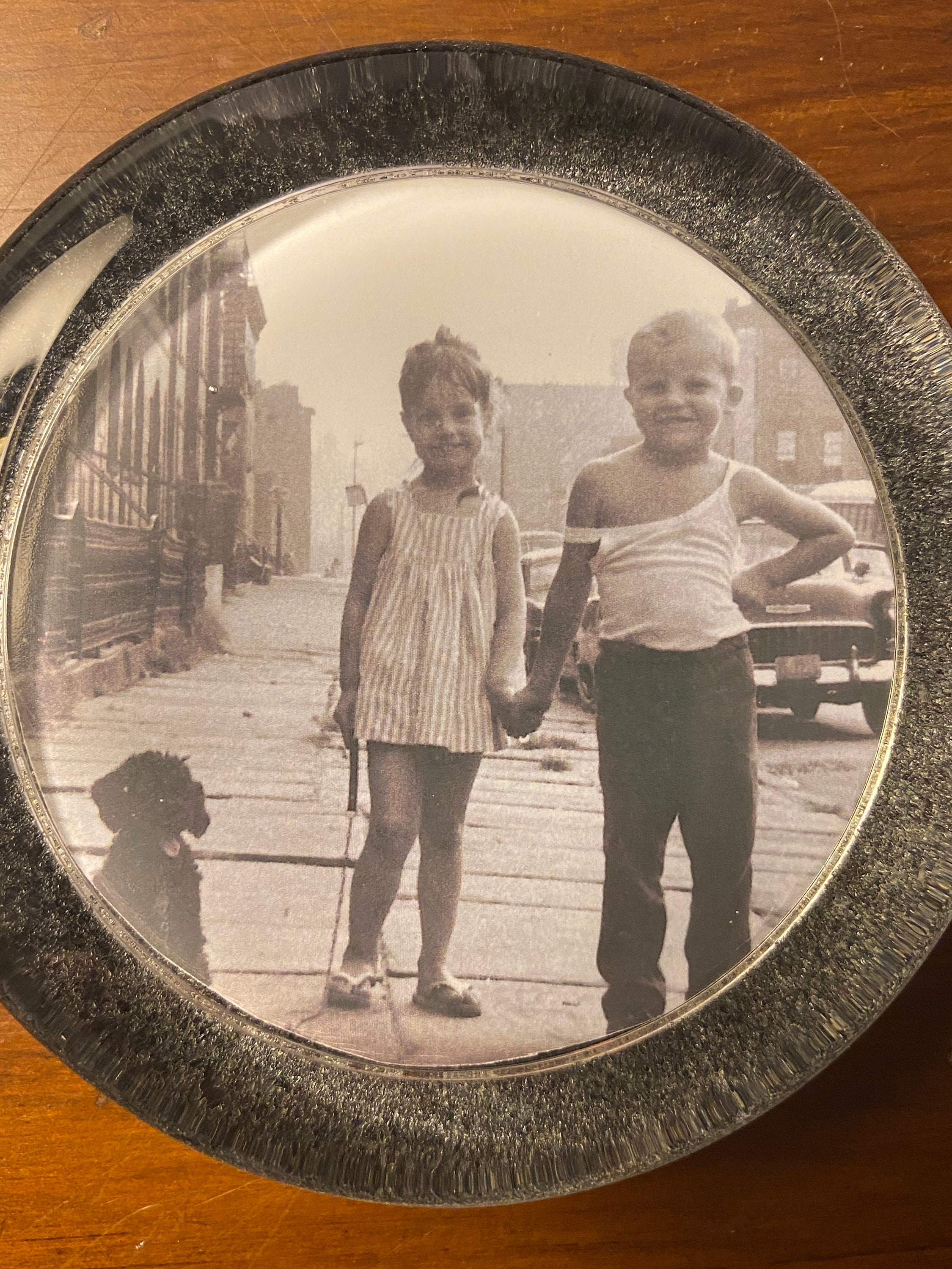 Vintage Glass Photo Paperweight Boy and Girl With Dog