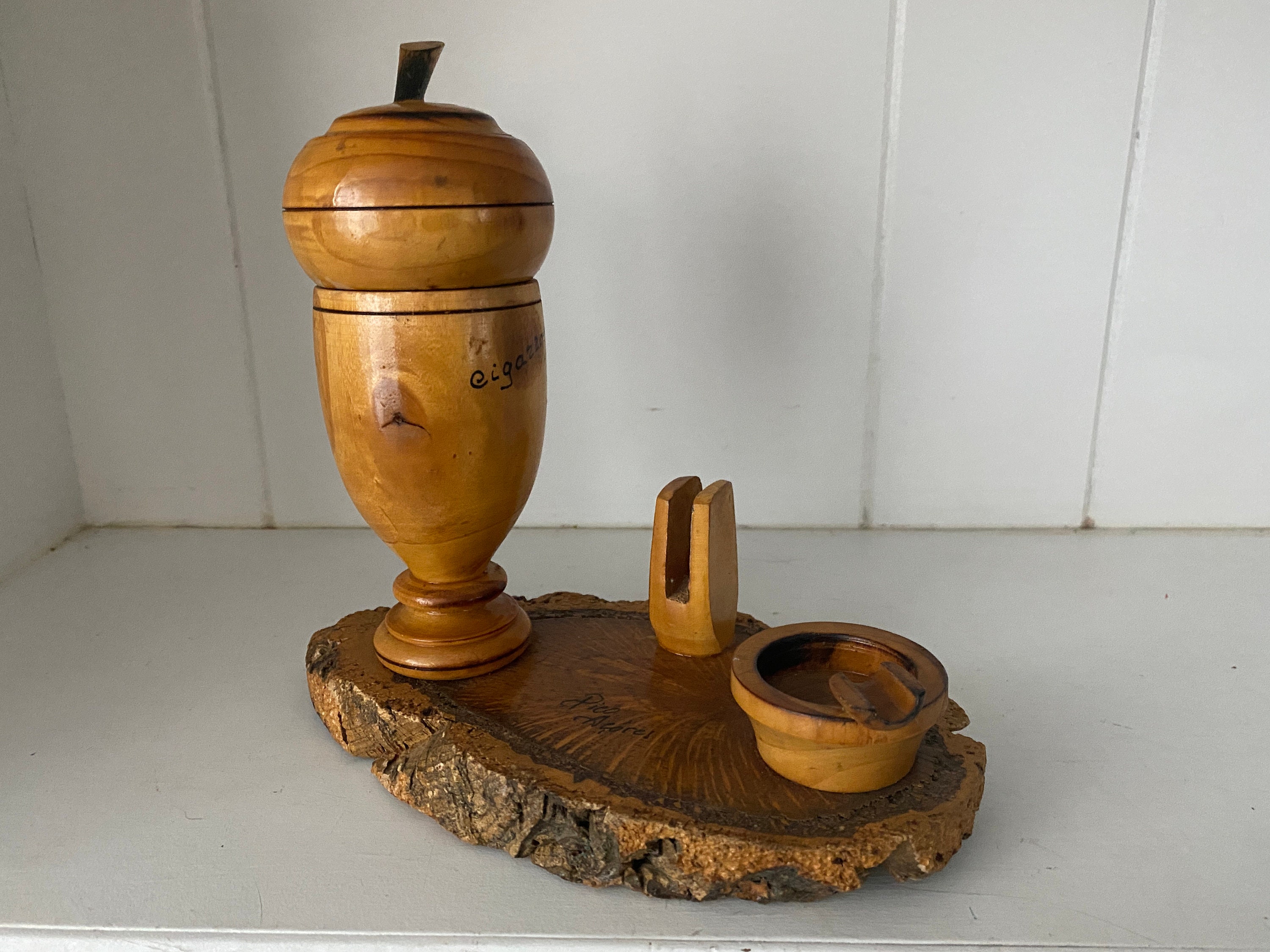 Cigarette Holder With Ashtray and Matchbook Holder Vintage Hand Carved