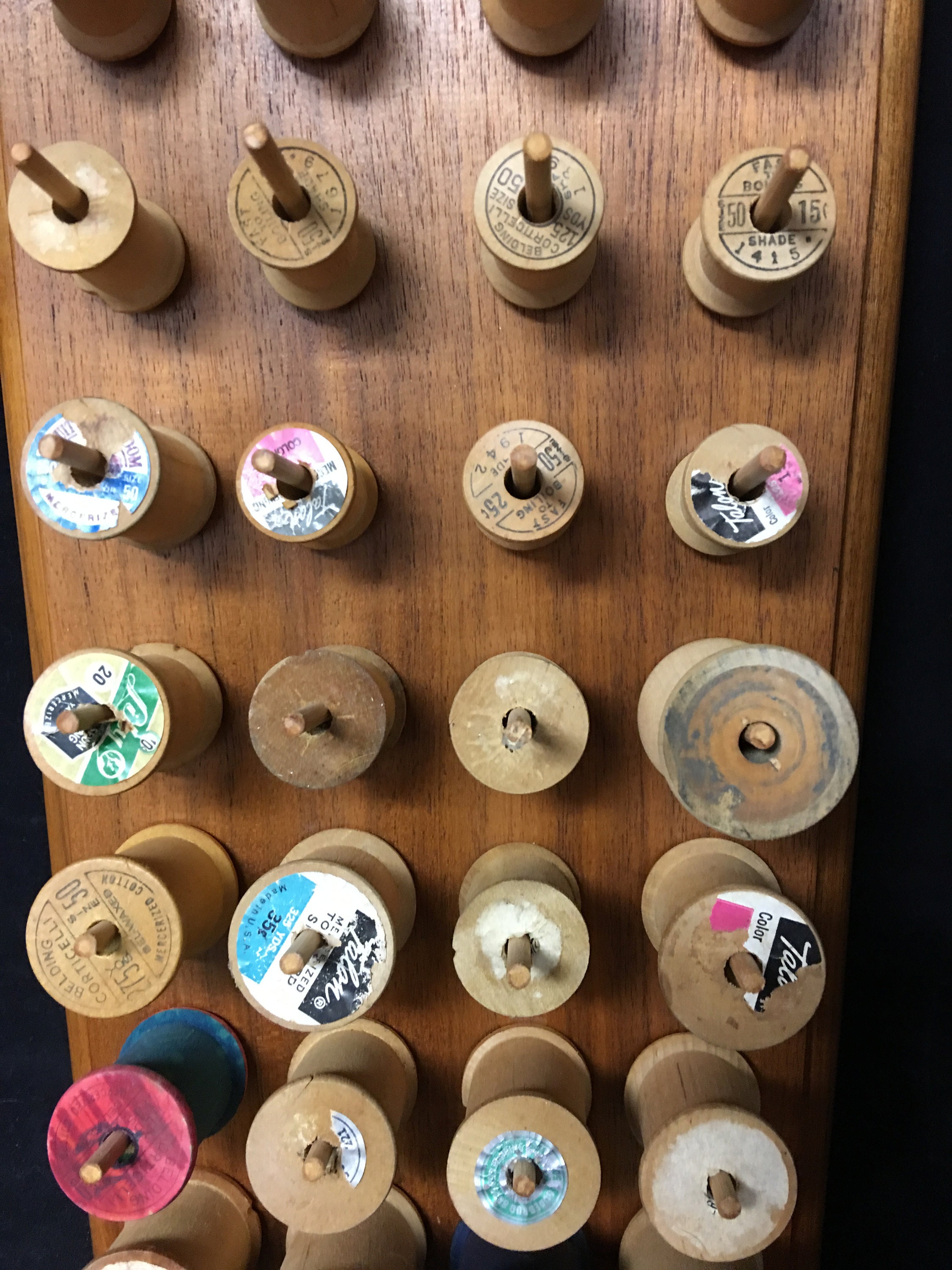 Vintage Wall Mount 30Thread Spool Holder with 30 Wooden Spools