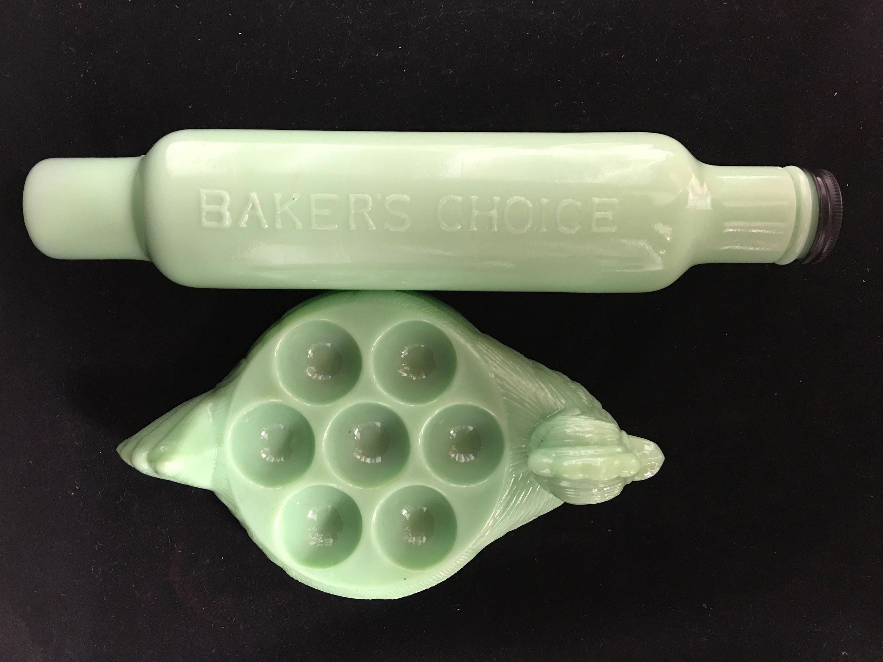 Vintage Jadeite Egg Holder and Bakers Choice Rolling Pin