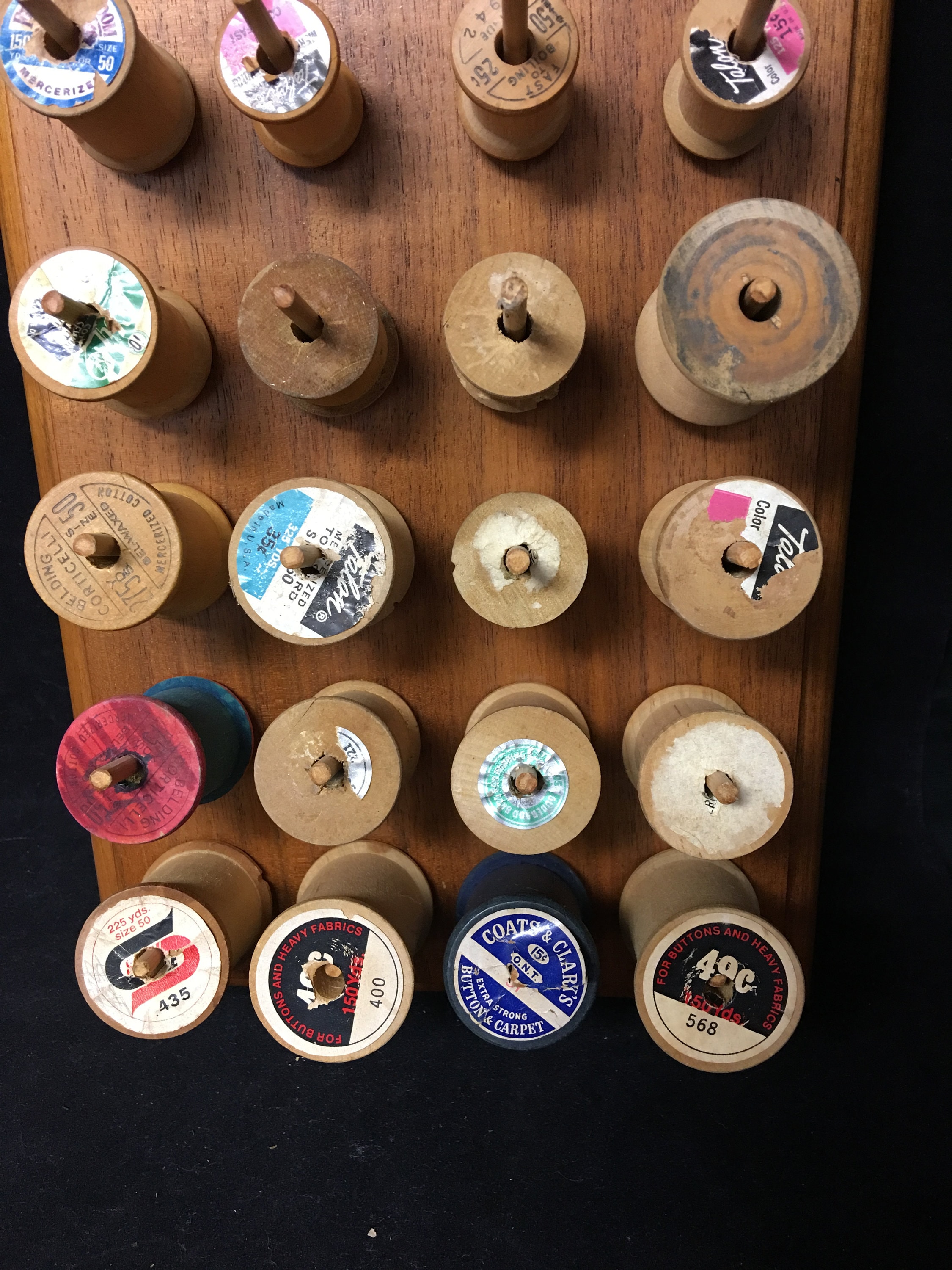 Vintage Wall Mount 30Thread Spool Holder with 30 Wooden Spools