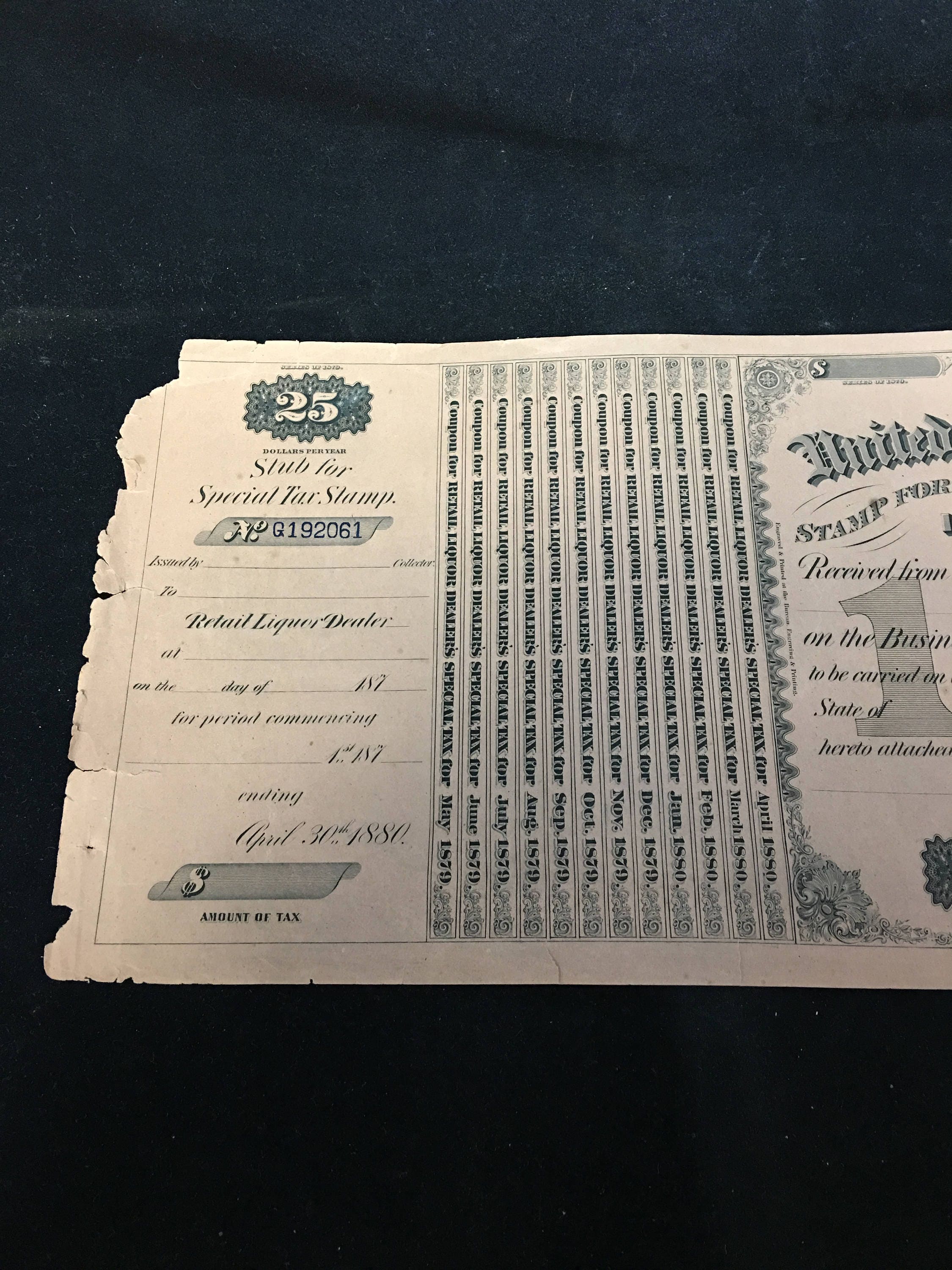 1879 Internal Revenue Special Tax Stamp Retail Liquor Dealer Documents (2)