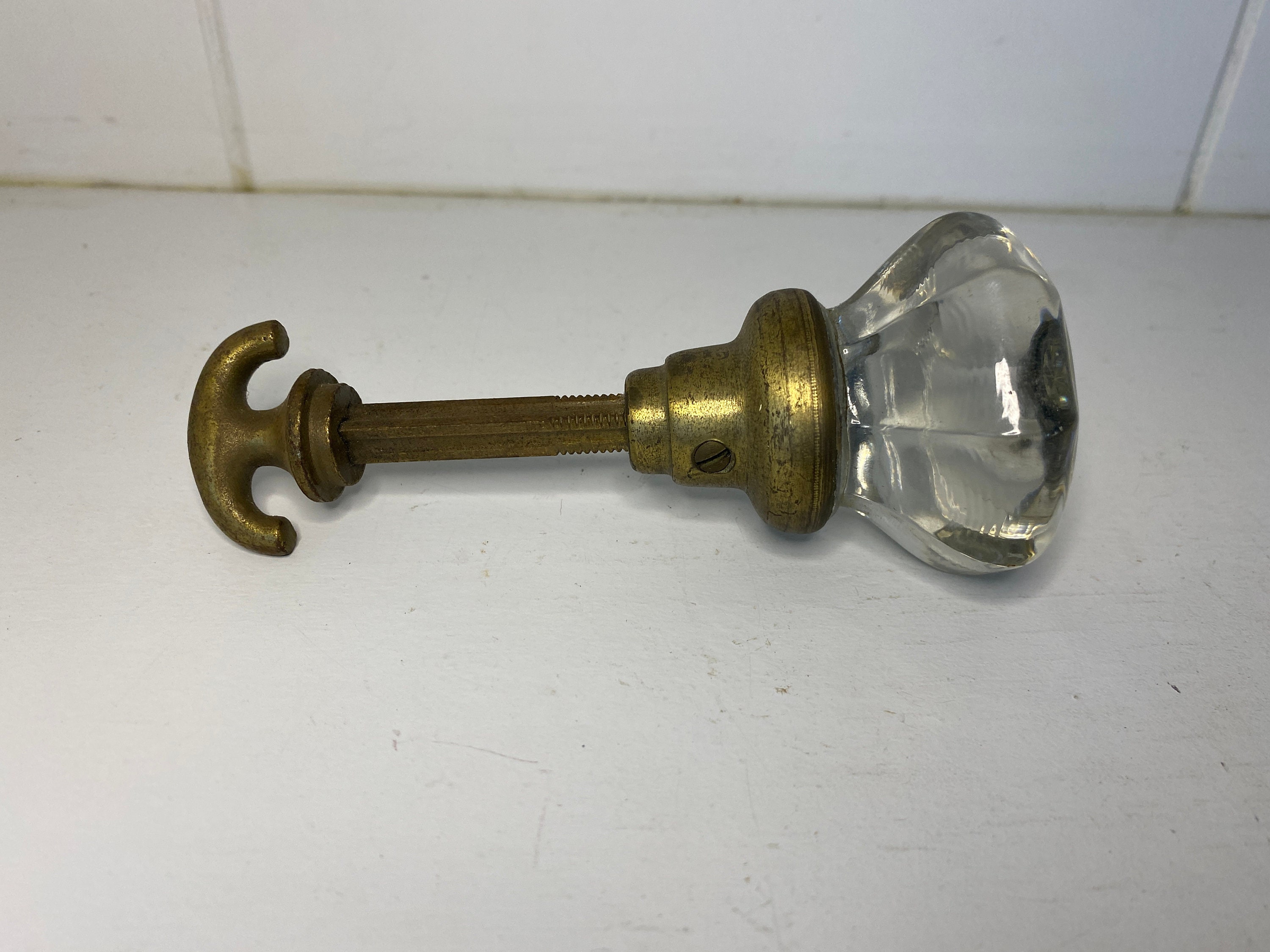 Early 1900s Glass Door Knob Brass Closet Spindle