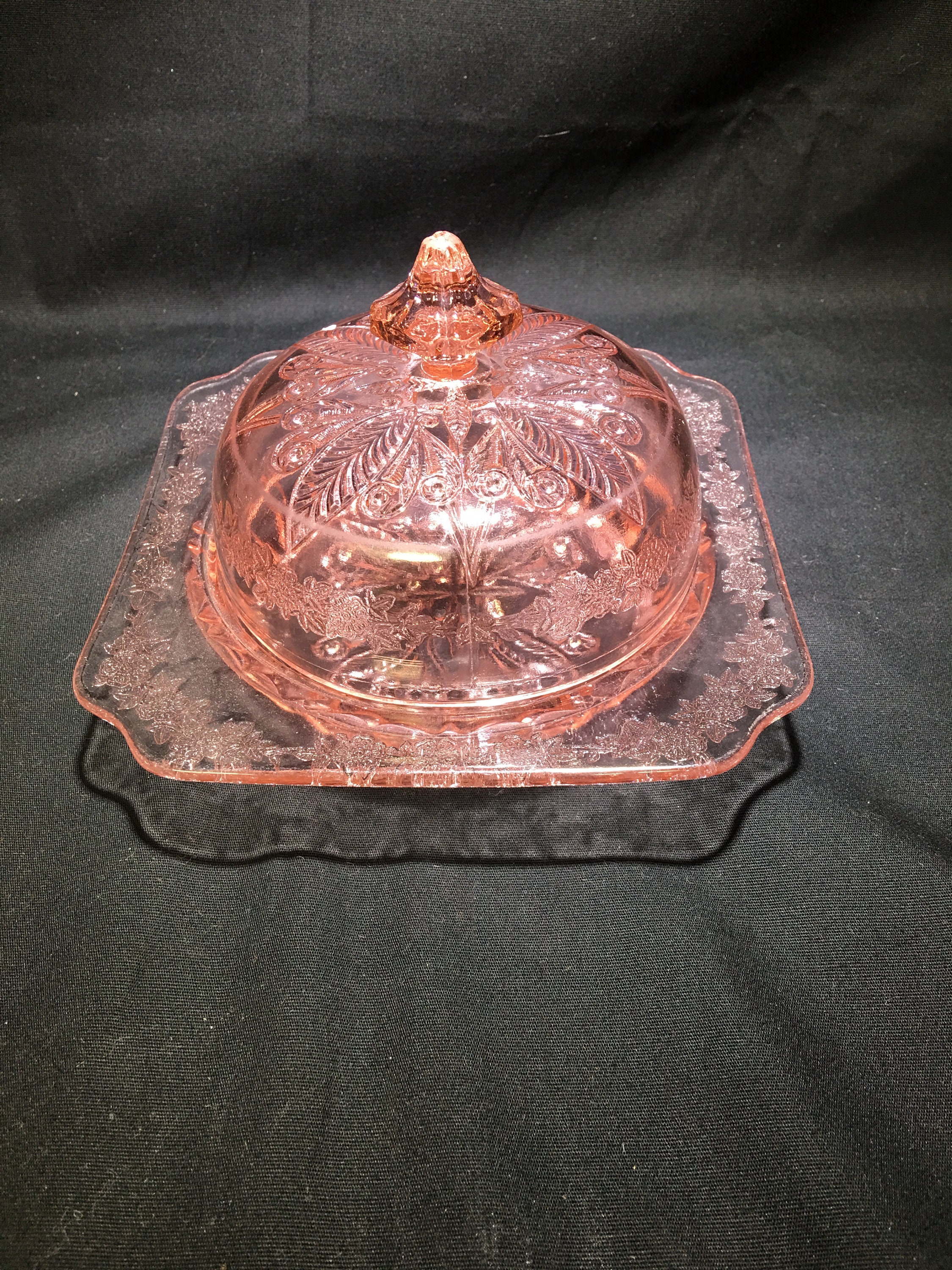 Vintage Depression Adam Pink Glass Covered Butter Dish