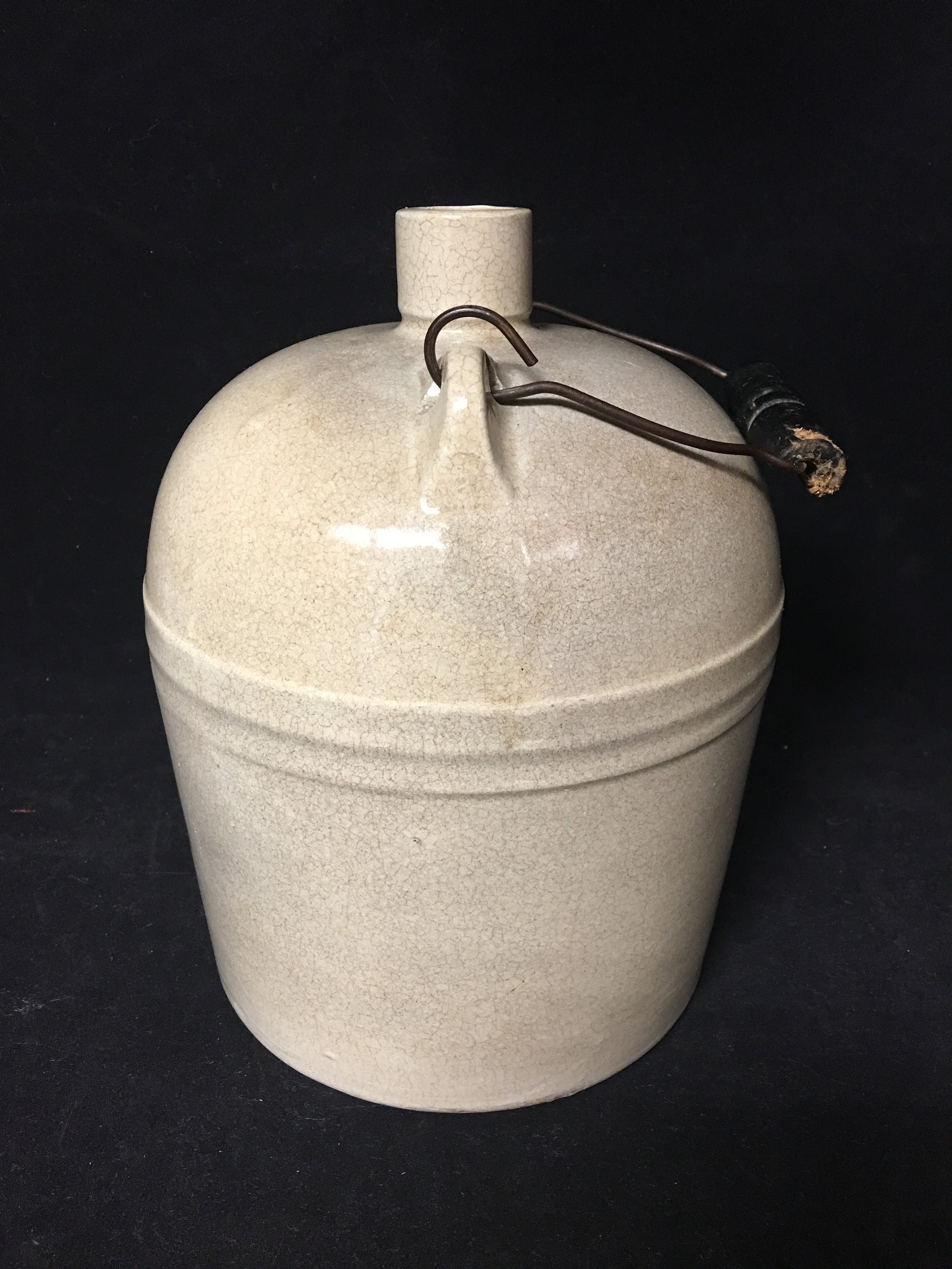 Antique Glazed Stoneware Jug with Wire and Wood Handle