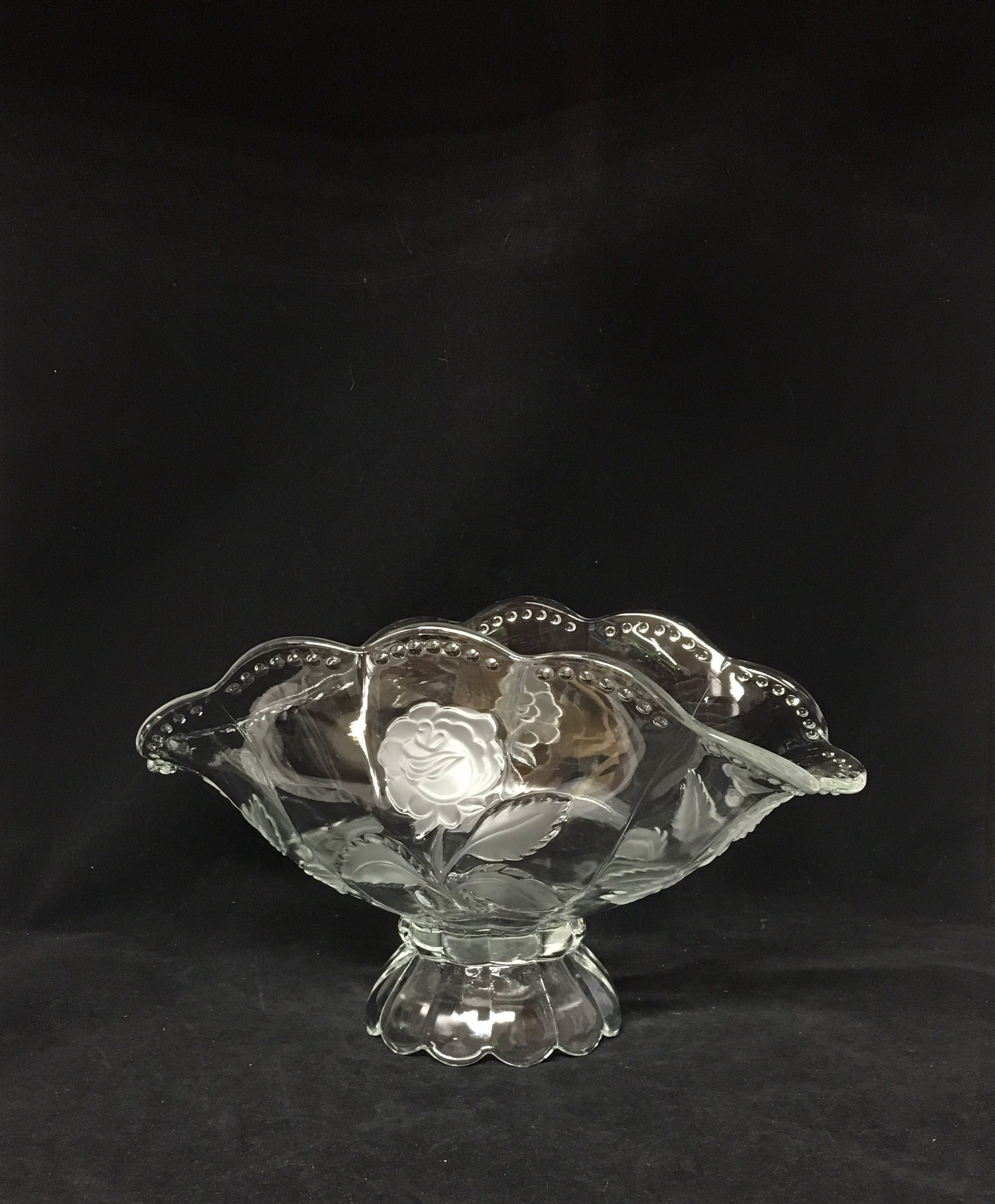 Vintage Clear Glass Rose Pattern Fan Shaped Footed Fruit Bowl