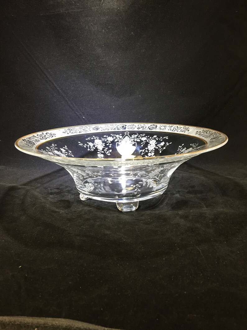 Vintage Footed Etched Glass Salad/fruit Bowl With Gold Trim Etsy