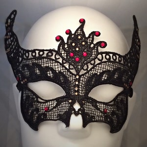 Black Masquerade ball mask, mask, black lace mask, masquerade mask jewelled with red and white diamantés. Burlesque, Venetian, Halloween.