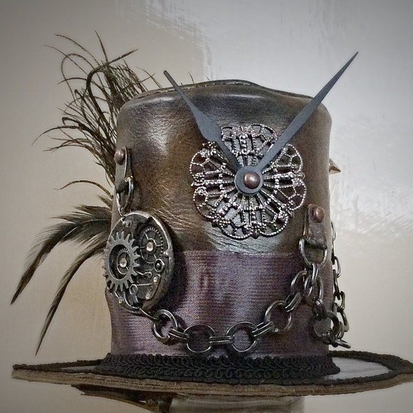 Top hat, steampunk style, mini leather top hat. Unique, handmade mini top hat, Steampunk design, costume hat, headpiece, unique hat.