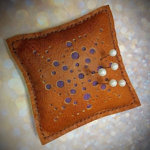 Pin cushion, leather pin cushion, dressmakers help, unique, one of a kind. Recycled leather, raw silk. Handmade, hand stitched.