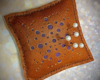 Handmade Leather Pin Cushion with Purple Raw Silk Detail